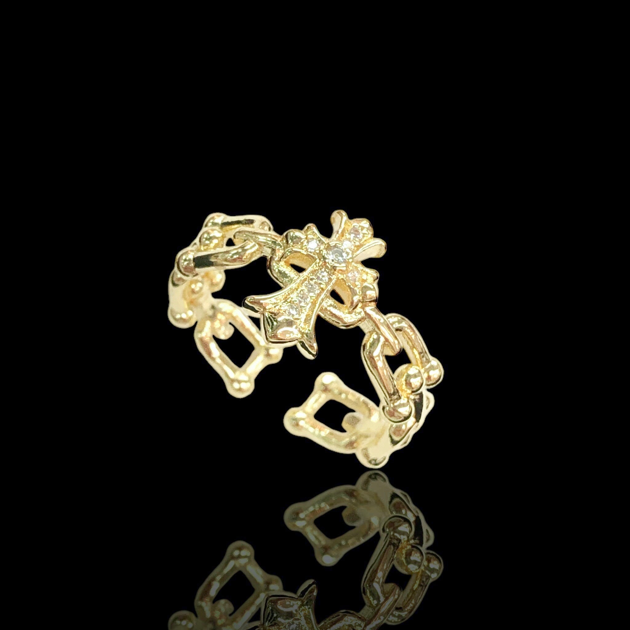 Gold Filled Oro Laminado Byzantine Cross U-Link Ring