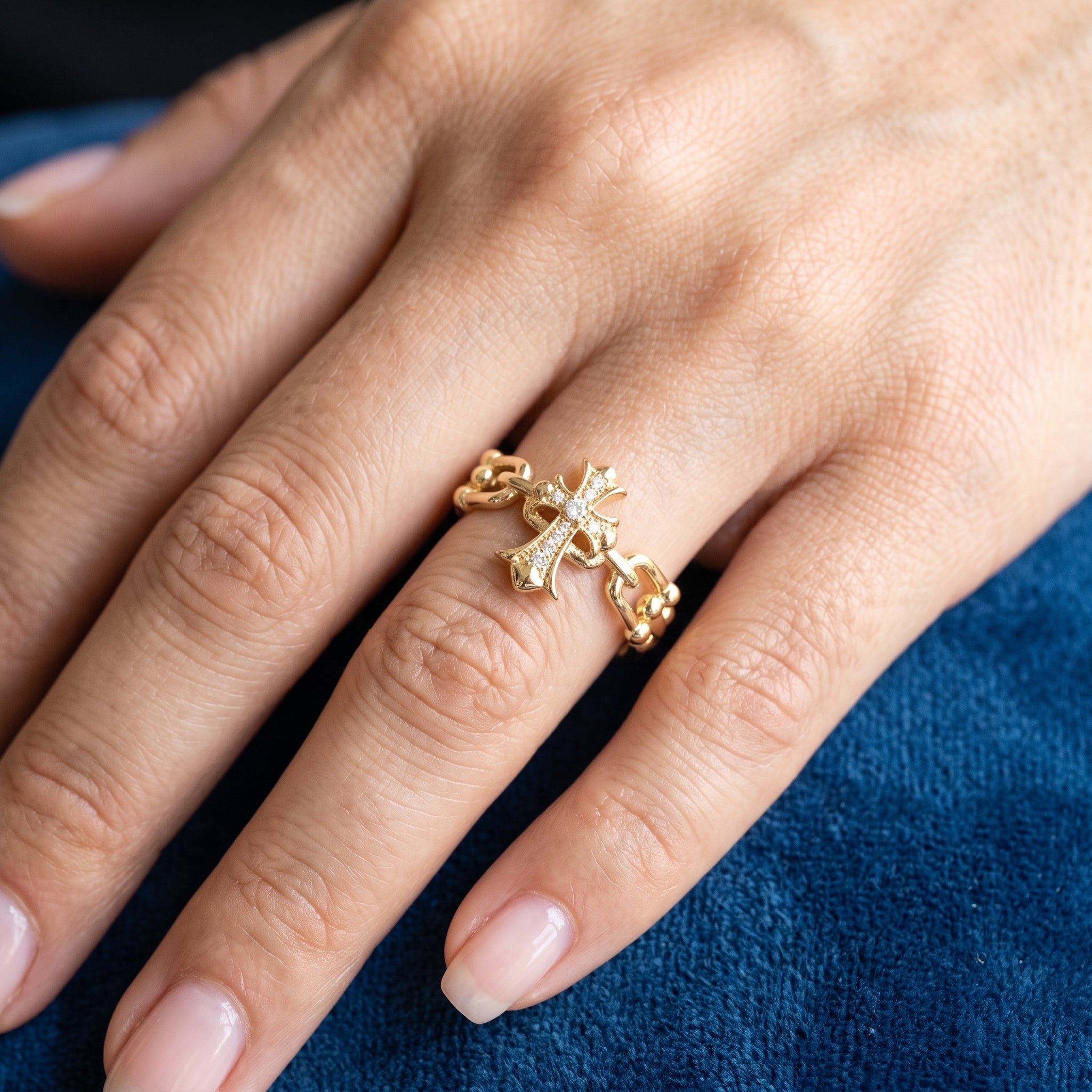 Gold Filled Oro Laminado Byzantine Cross U-Link Ring