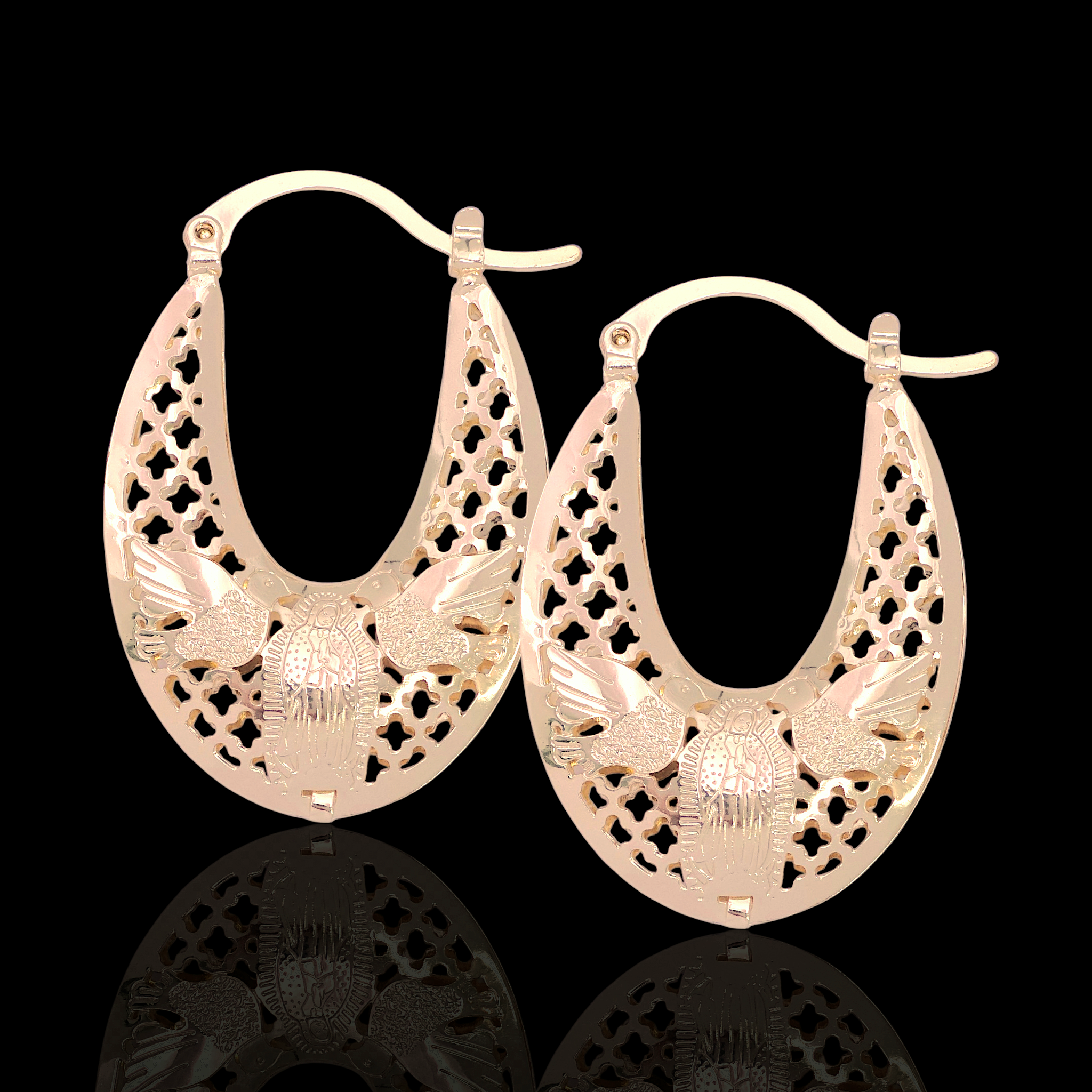 Gold Filled Oro Laminado Filigree Guadalupe Dove Hoop Earrings