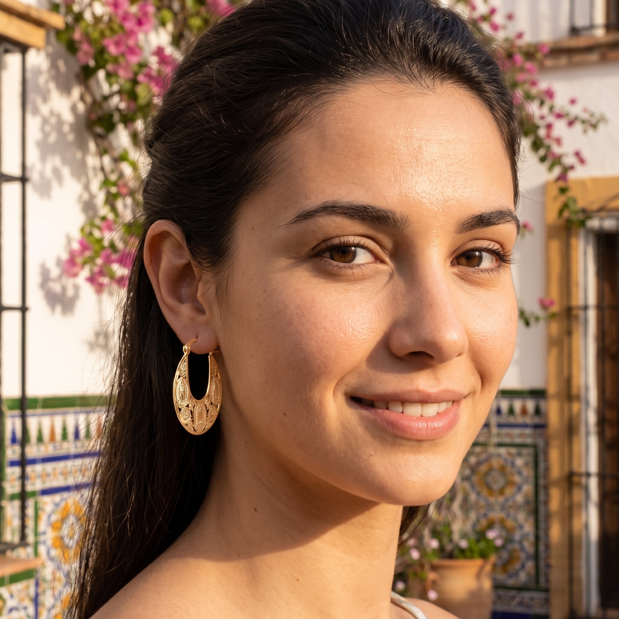 Gold Filled Oro Laminado Filigree Guadalupe Hoop Earrings