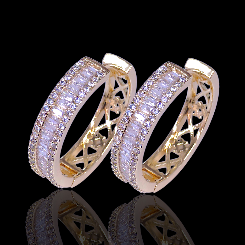 Gold Filled Oro Laminado French Emerald Cut CZ Hoop Earrings