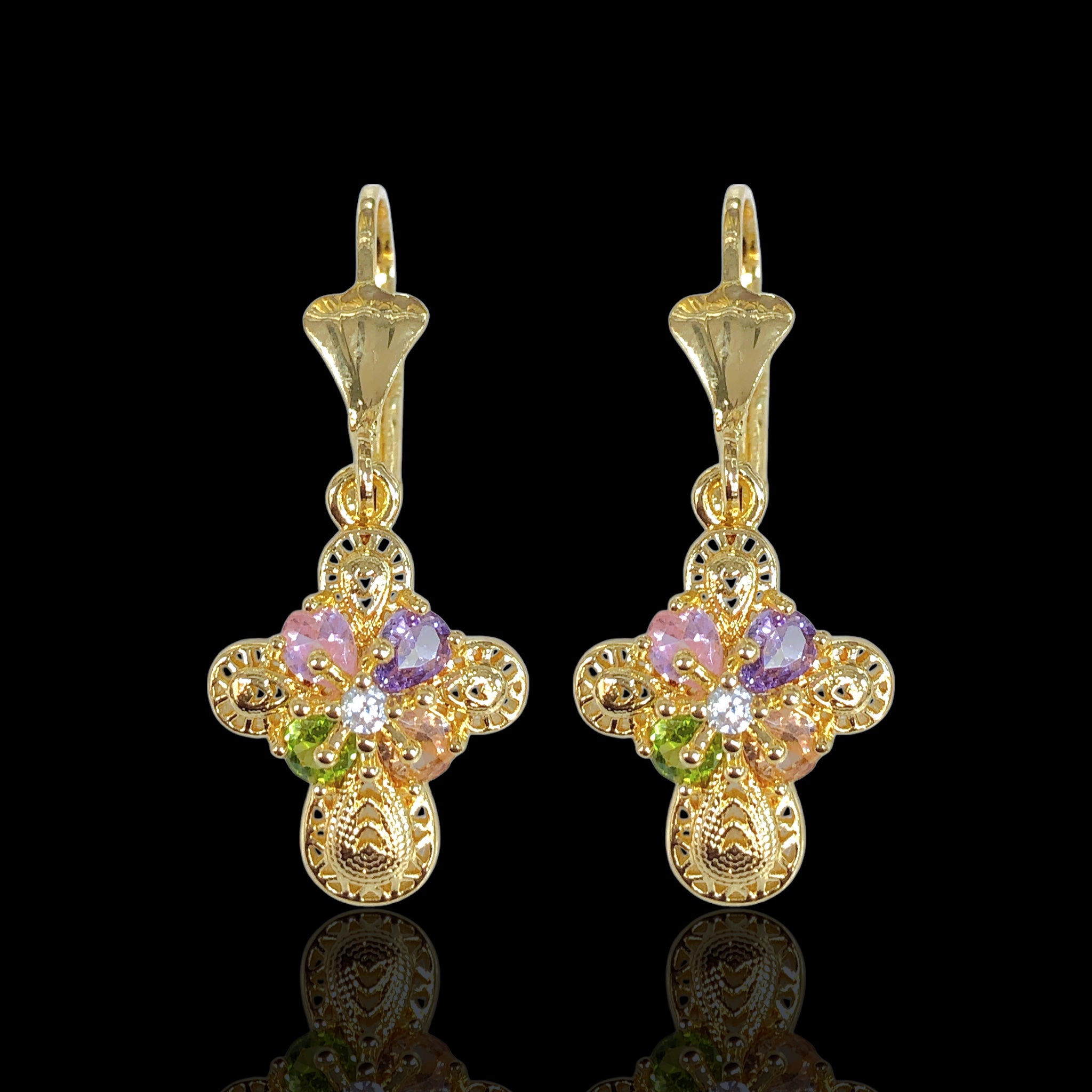 Gold Filled Oro Laminado Gemstone Cross Dangle Earrings