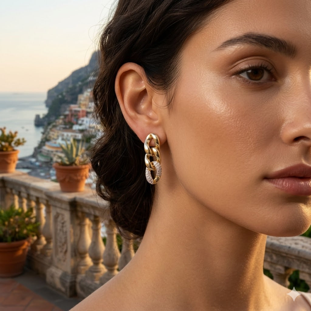 Gold Filled Oro Laminado Italia Cuban Link Zirconia Earrings