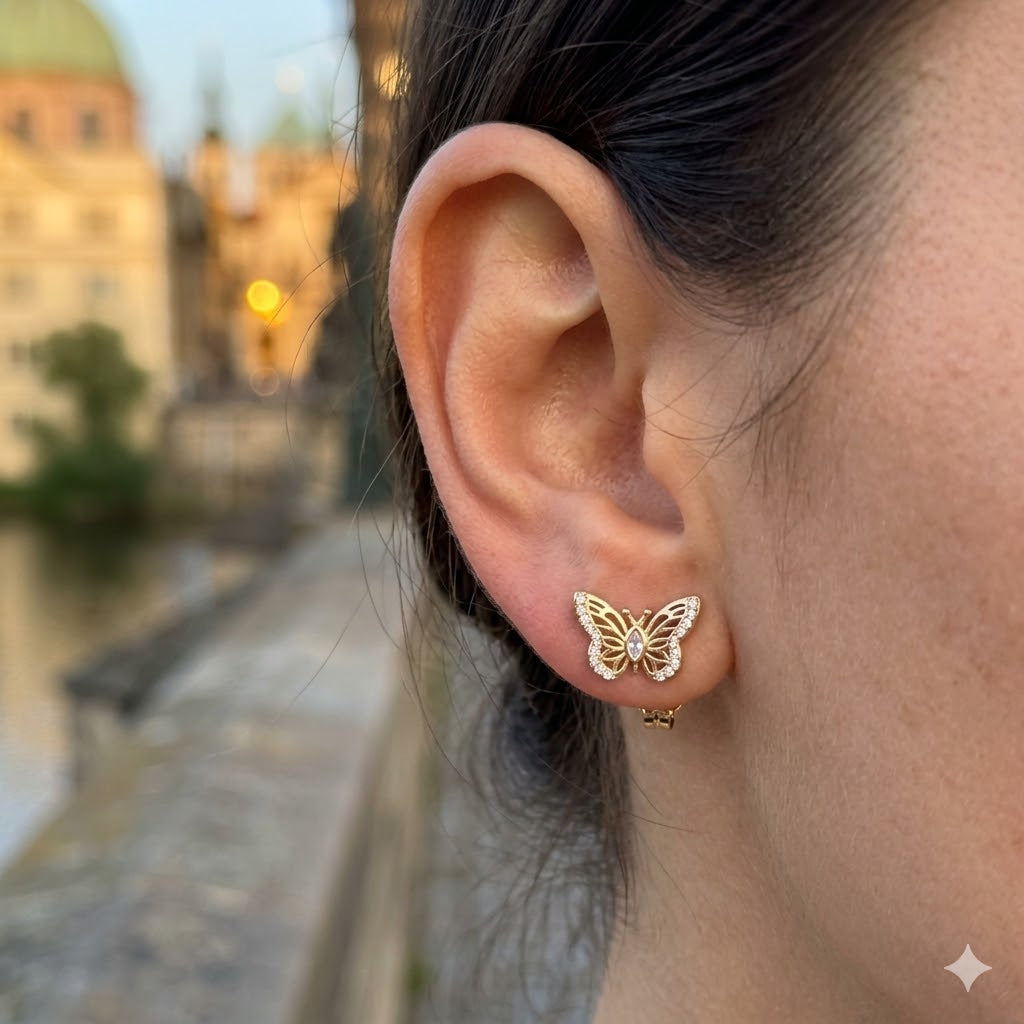 Gold Filled Oro Laminado Monarch Butterfly Zirconia Earrings