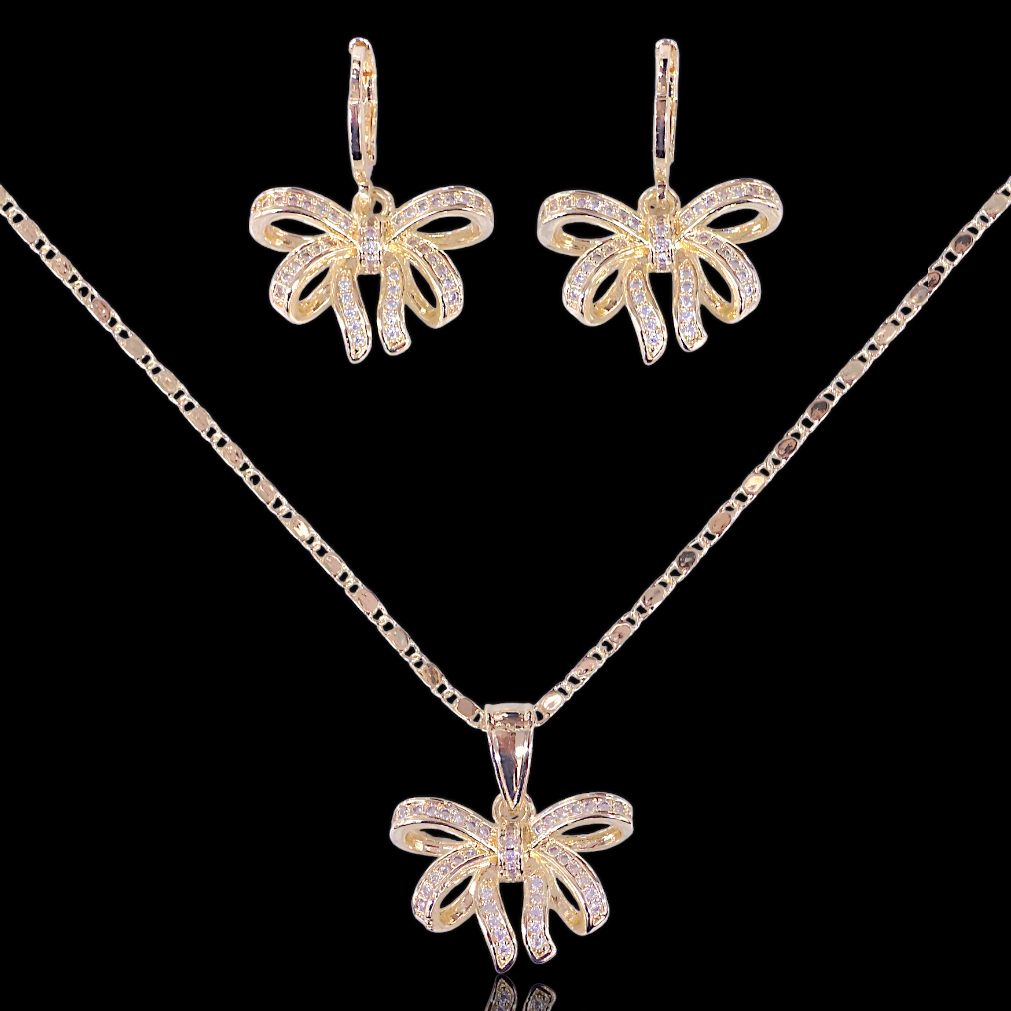 Gold Filled Oro Laminado Parisian Chic Bow Zirconia Set