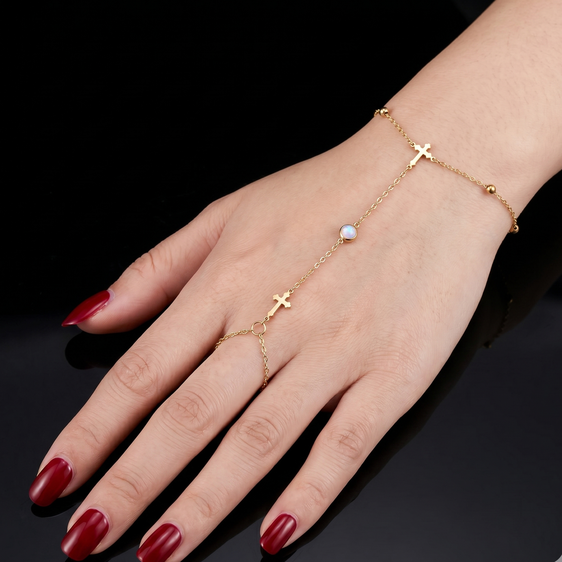 Gold Filled Oro Laminado Saints Cross Hand Chain Bracelet