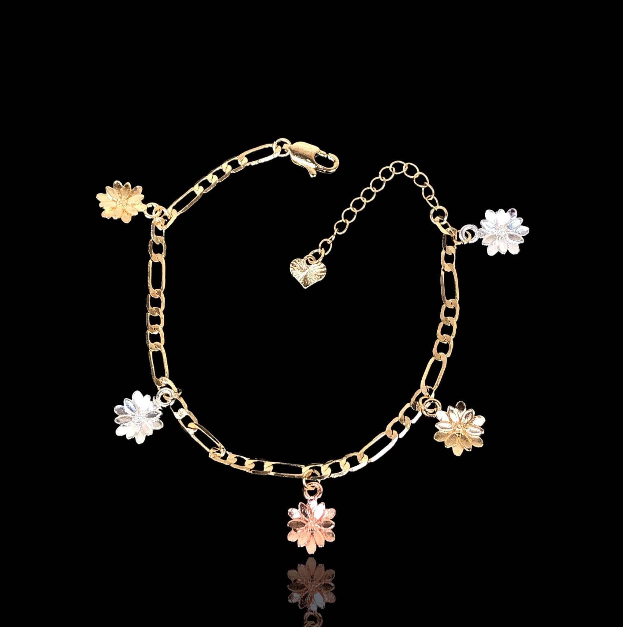 Gold Filled Oro Laminado Tricolor Blossom Charm Bracelet