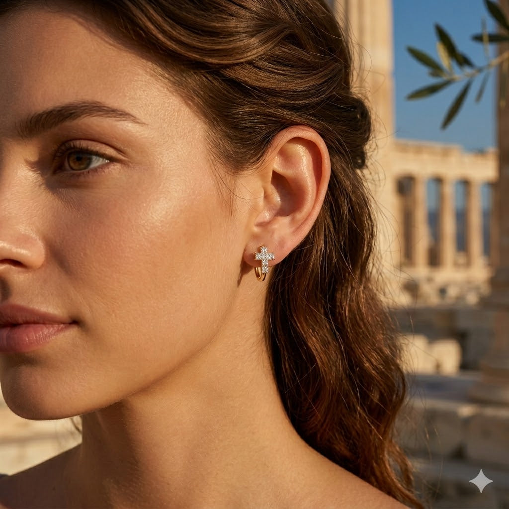 Gold Filled Oro Laminado Zirconia Gem Cross Huggie Earrings