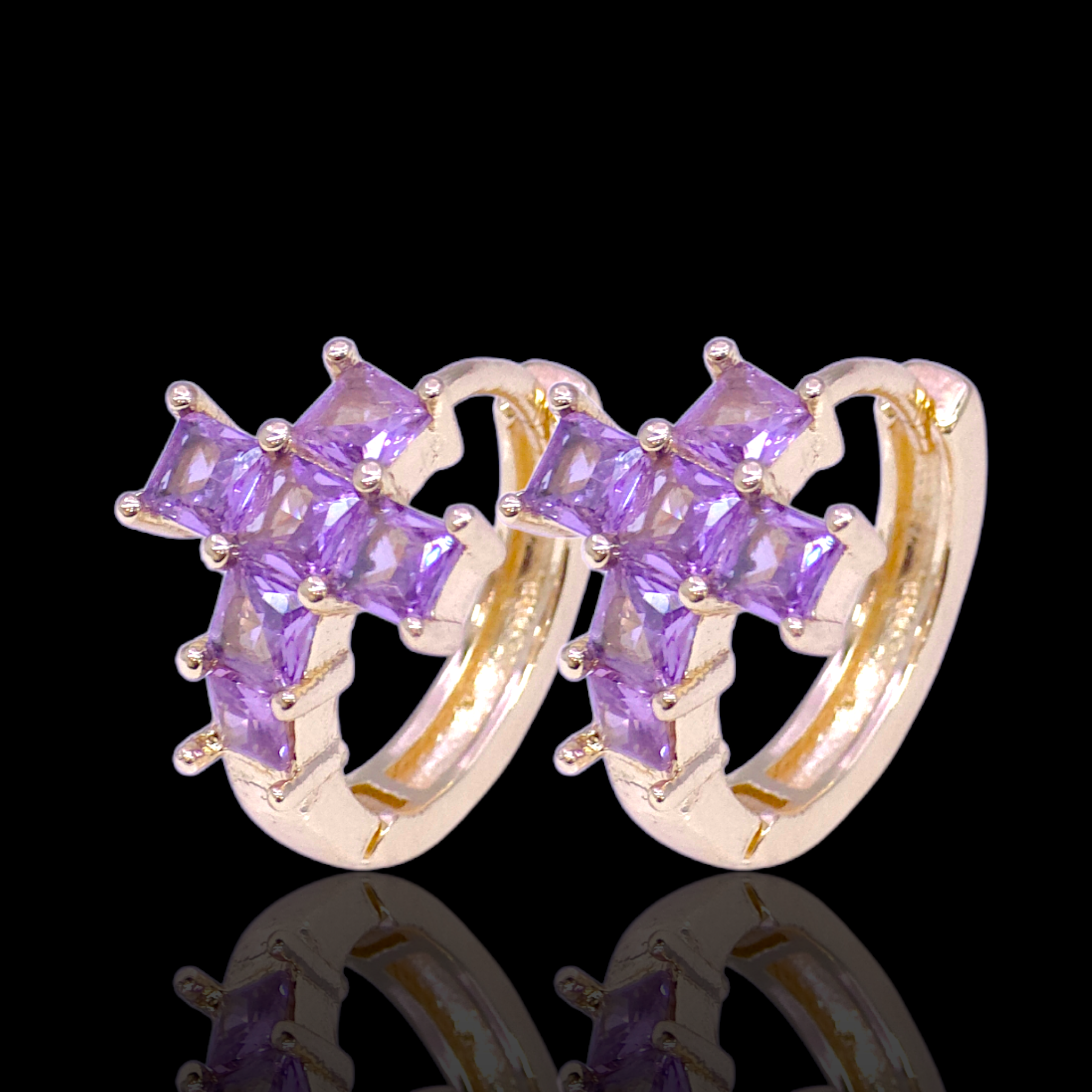 Gold Filled Oro Laminado Zirconia Gem Cross Huggie Earrings