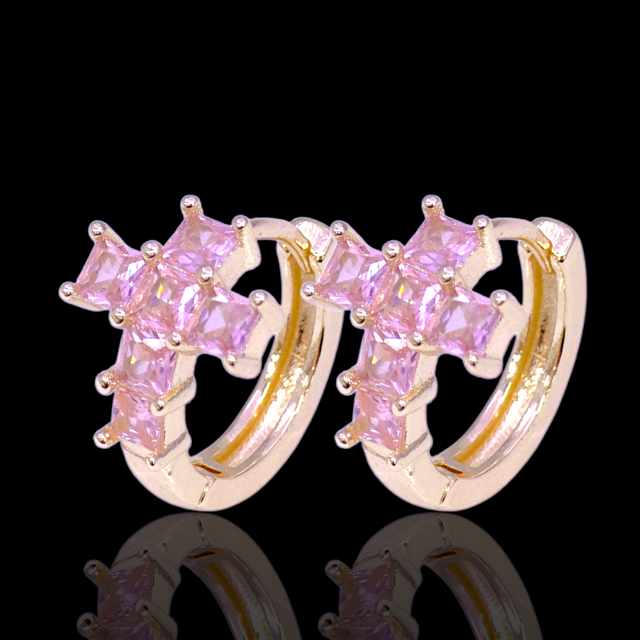 Gold Filled Oro Laminado Zirconia Gem Cross Huggie Earrings