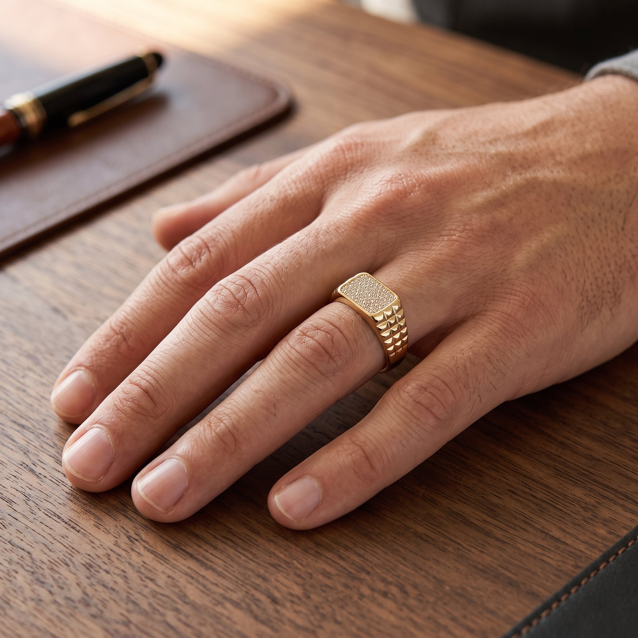 Gold Filled Oro Laminado Zirconia Studded Mens Signet Ring