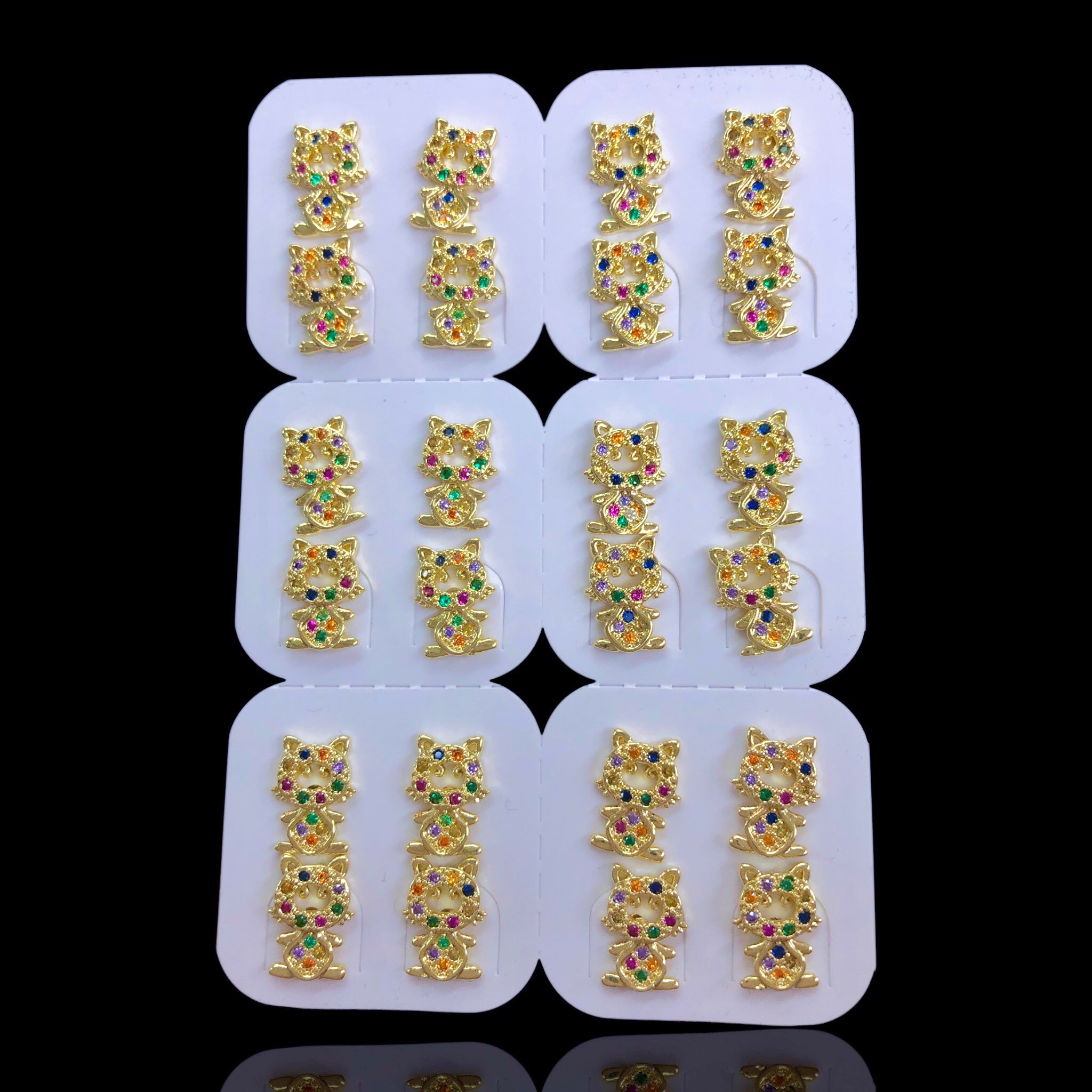 Oro Laminado Colorful Meow Cat Stud Earrings (Pack of 12)