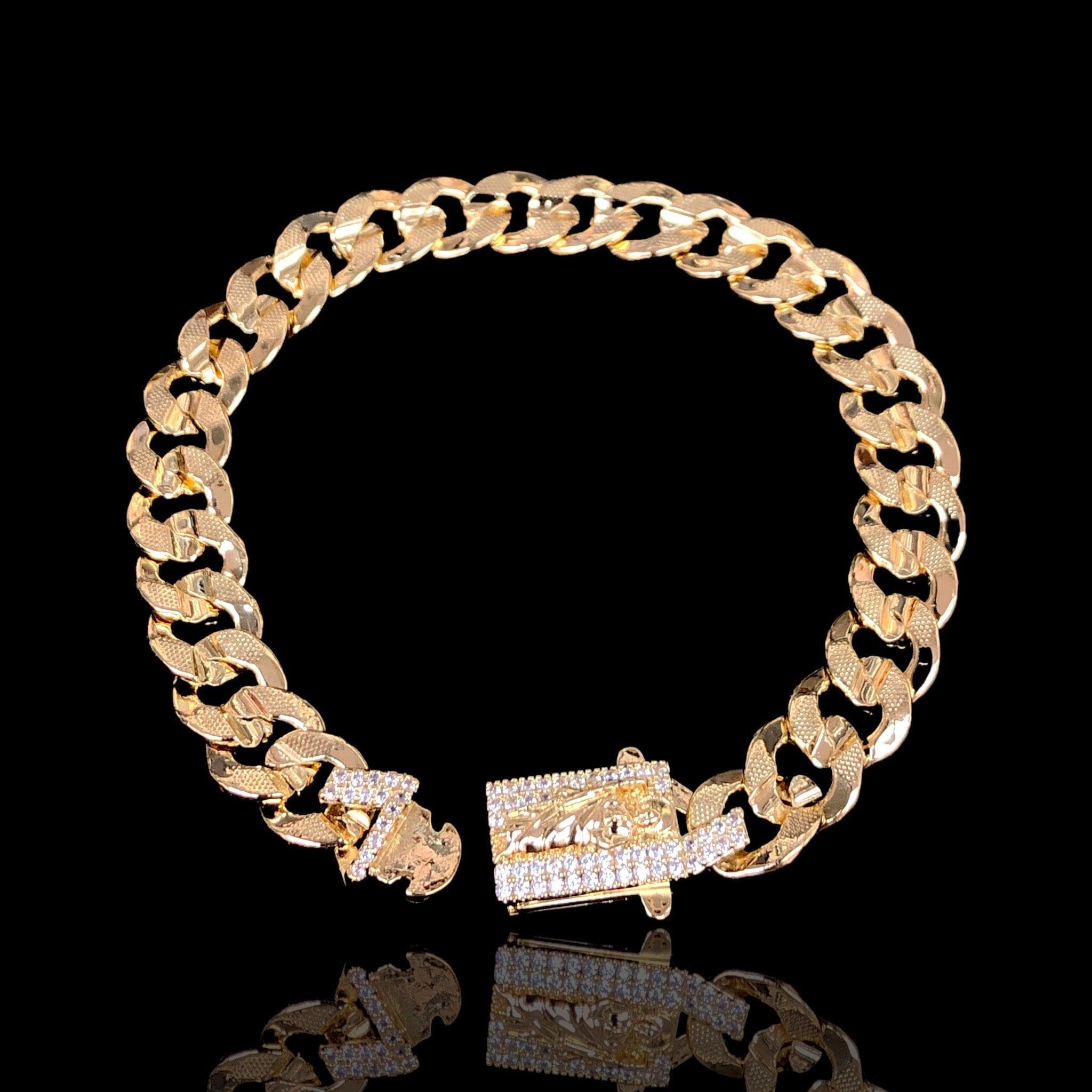 Oro Laminado Diamond Cut Round Cuban Chain Religious Bracelet