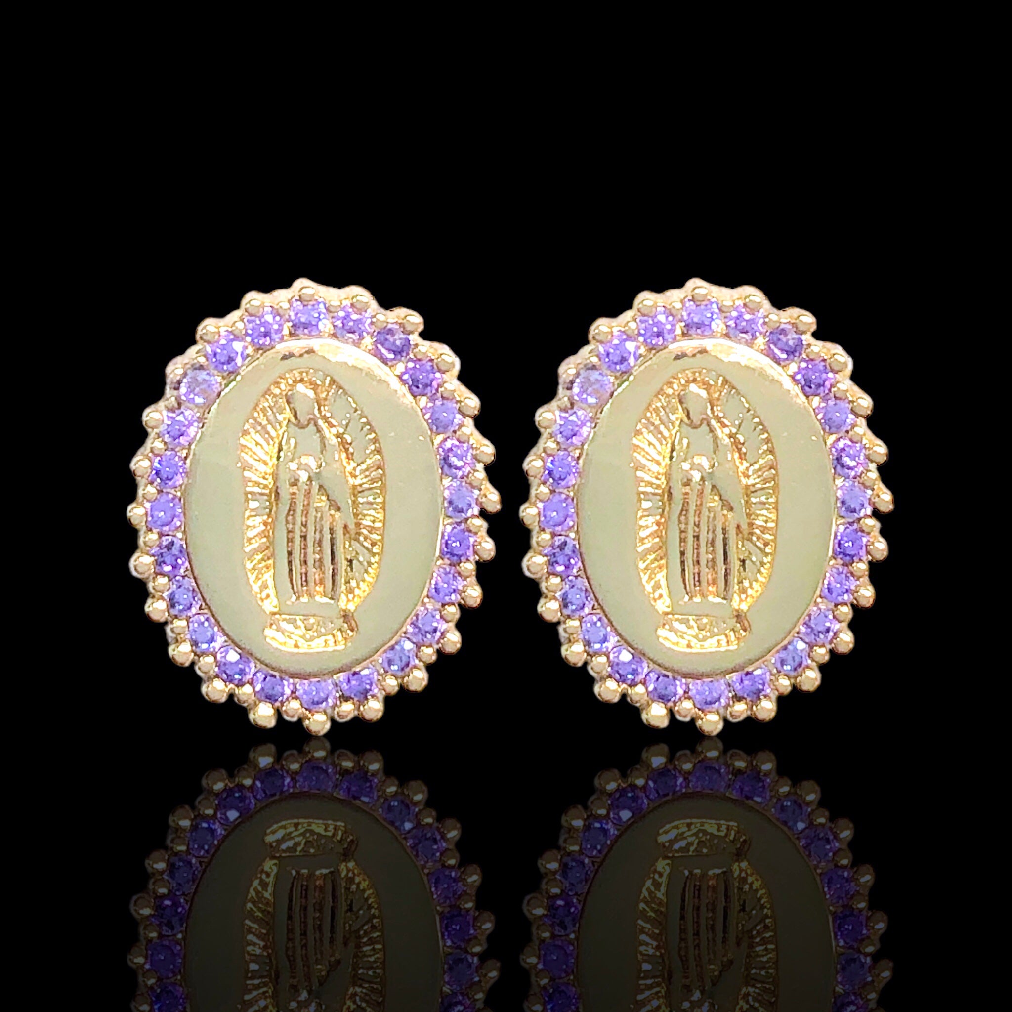 Oro Laminado Gold Filled Amethyst Guadalupe CZ Stud Earrings 2
