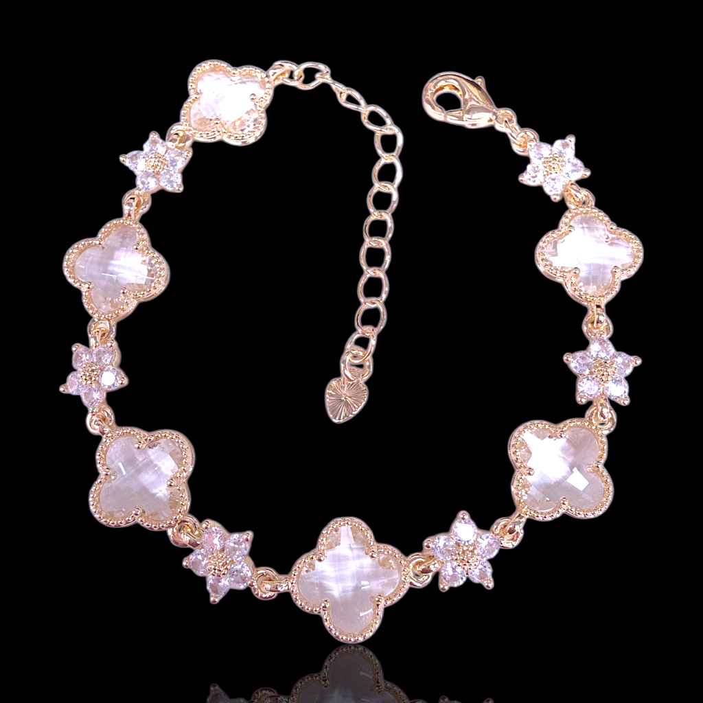 Oro Laminado Gold Filled Blossom Crystal Clover Bracelet