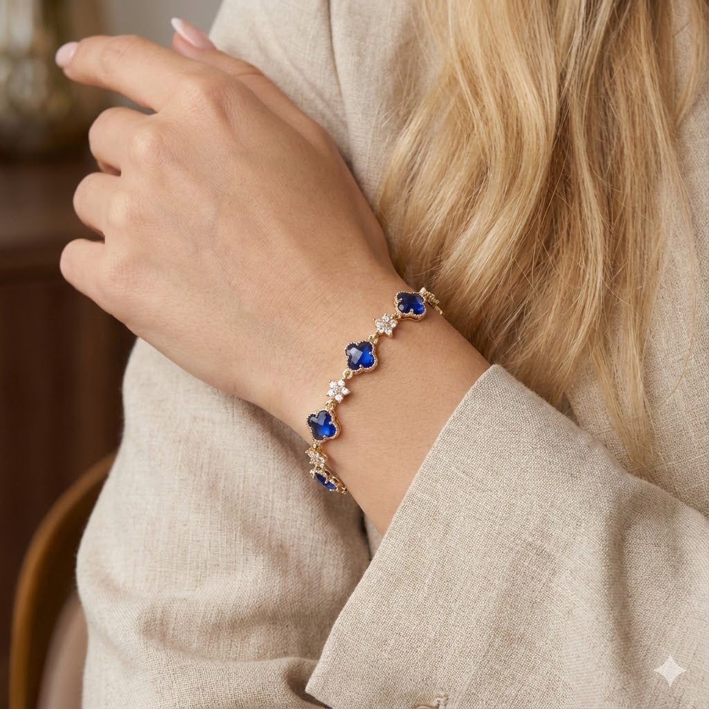 Oro Laminado Gold Filled Blossom Crystal Clover Bracelet