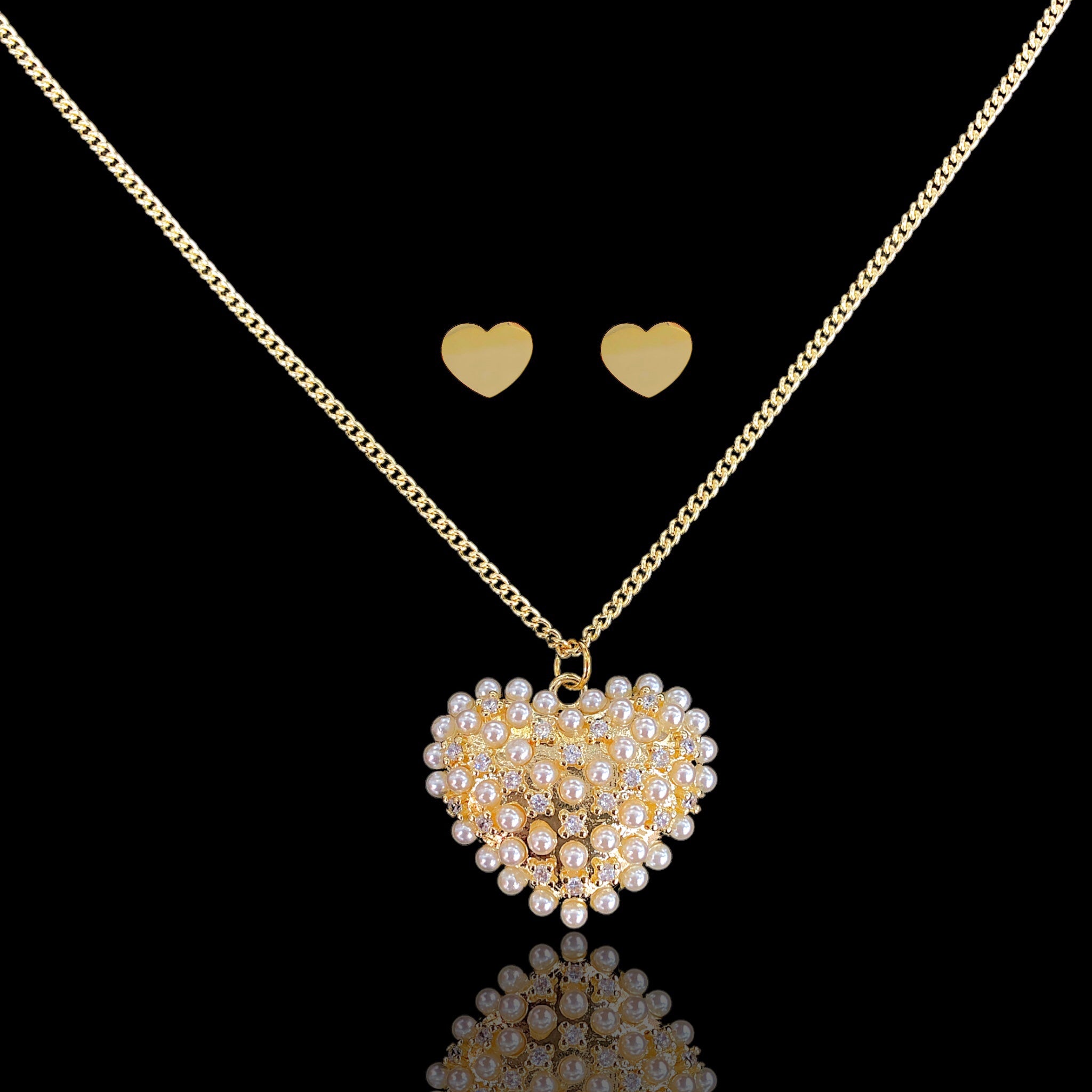 Oro Laminado Gold Filled Bountiful Pearl Zirconia Heart Set