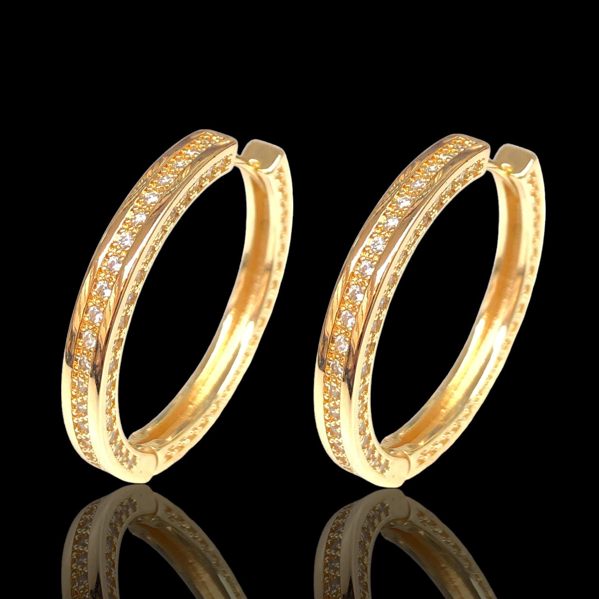 Oro Laminado Gold Filled Box Ridge CZ Hoop Earrings