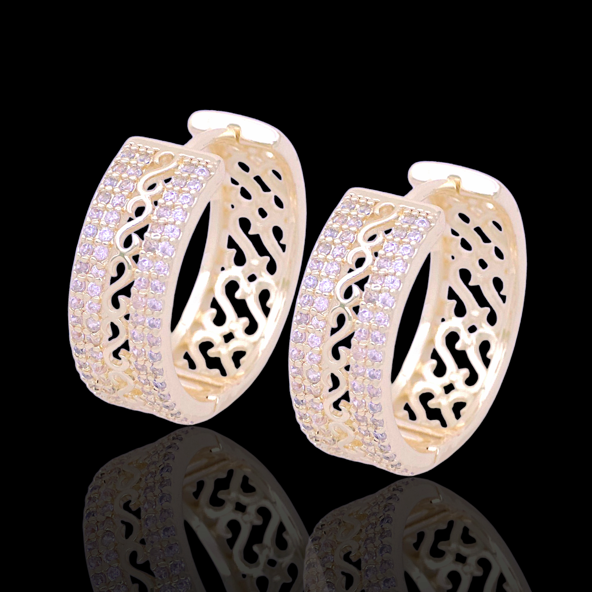 Oro Laminado Gold Filled Brazilian Swirl CZ Hoop Earrings