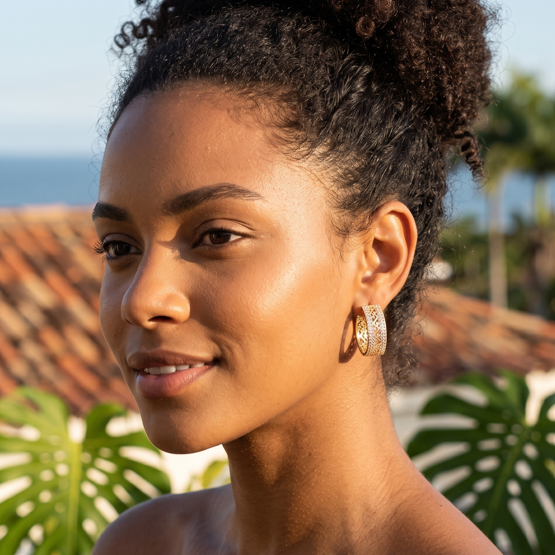 Oro Laminado Gold Filled Brazilian Swirl CZ Hoop Earrings