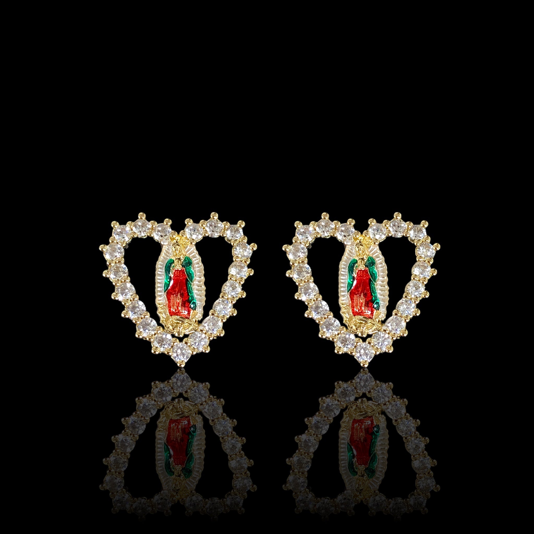Oro Laminado Gold Filled CZ Sparkle Guadalupe Heart Stud Earrings