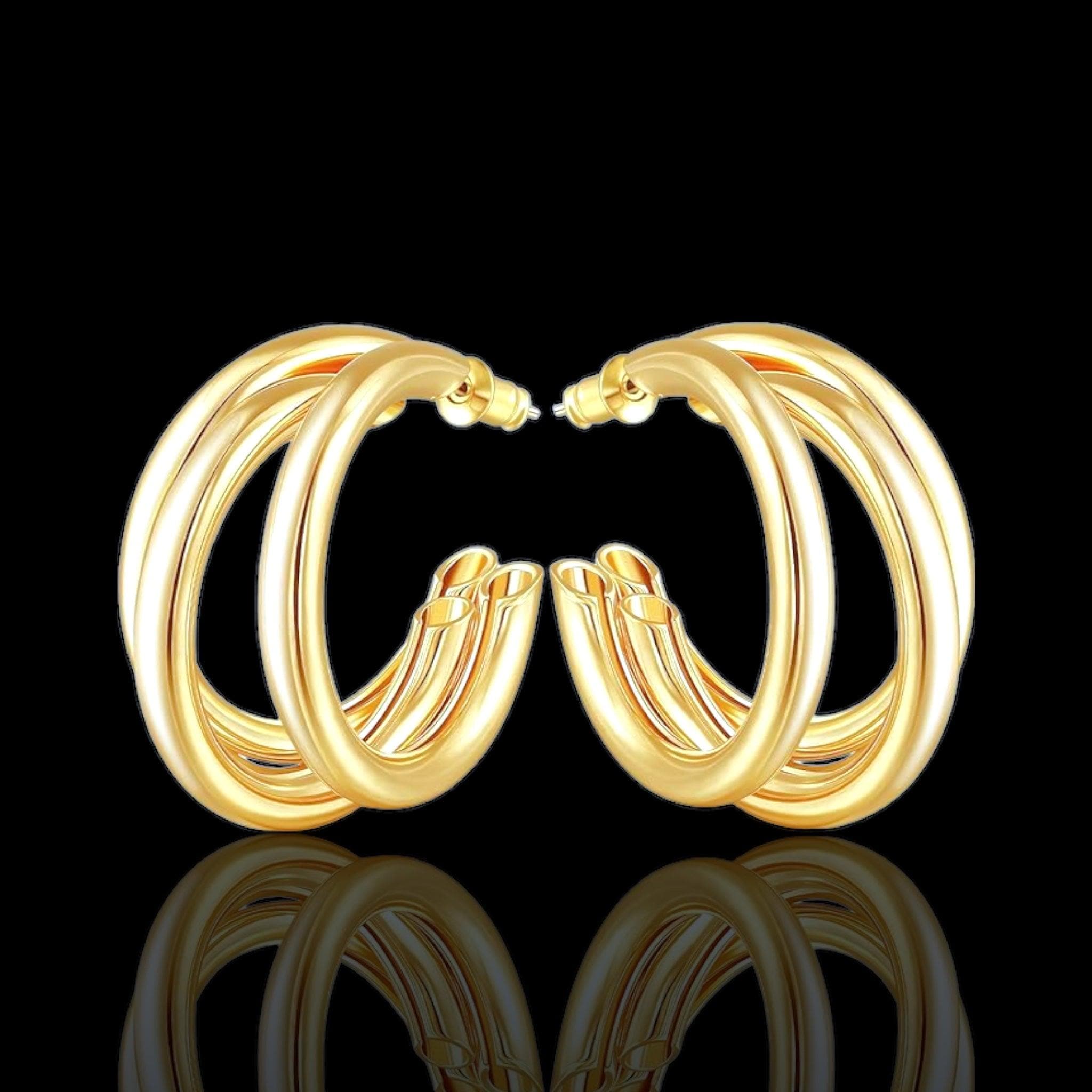 Oro Laminado Gold Filled Chunky Triple Layer Hoop Earrings