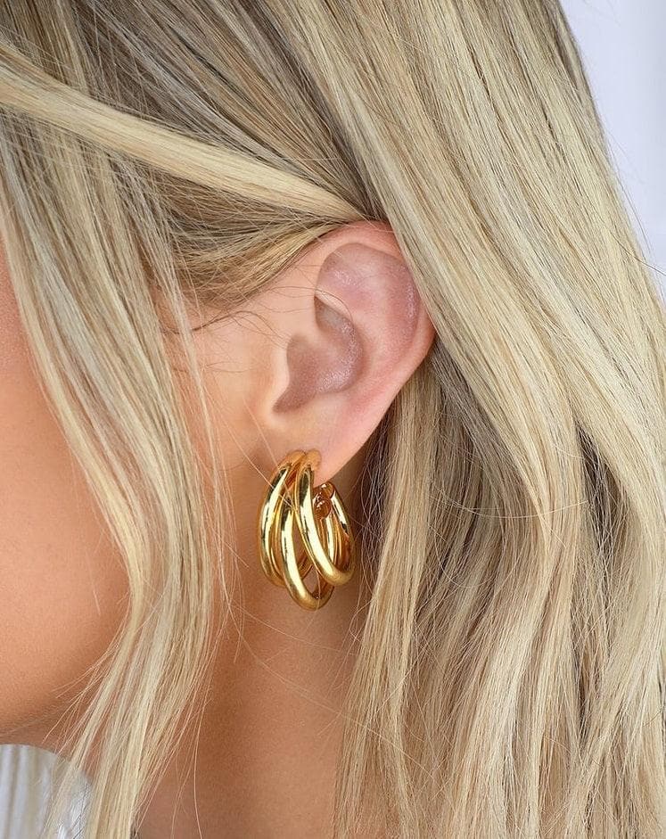 Oro Laminado Gold Filled Chunky Triple Layer Hoop Earrings