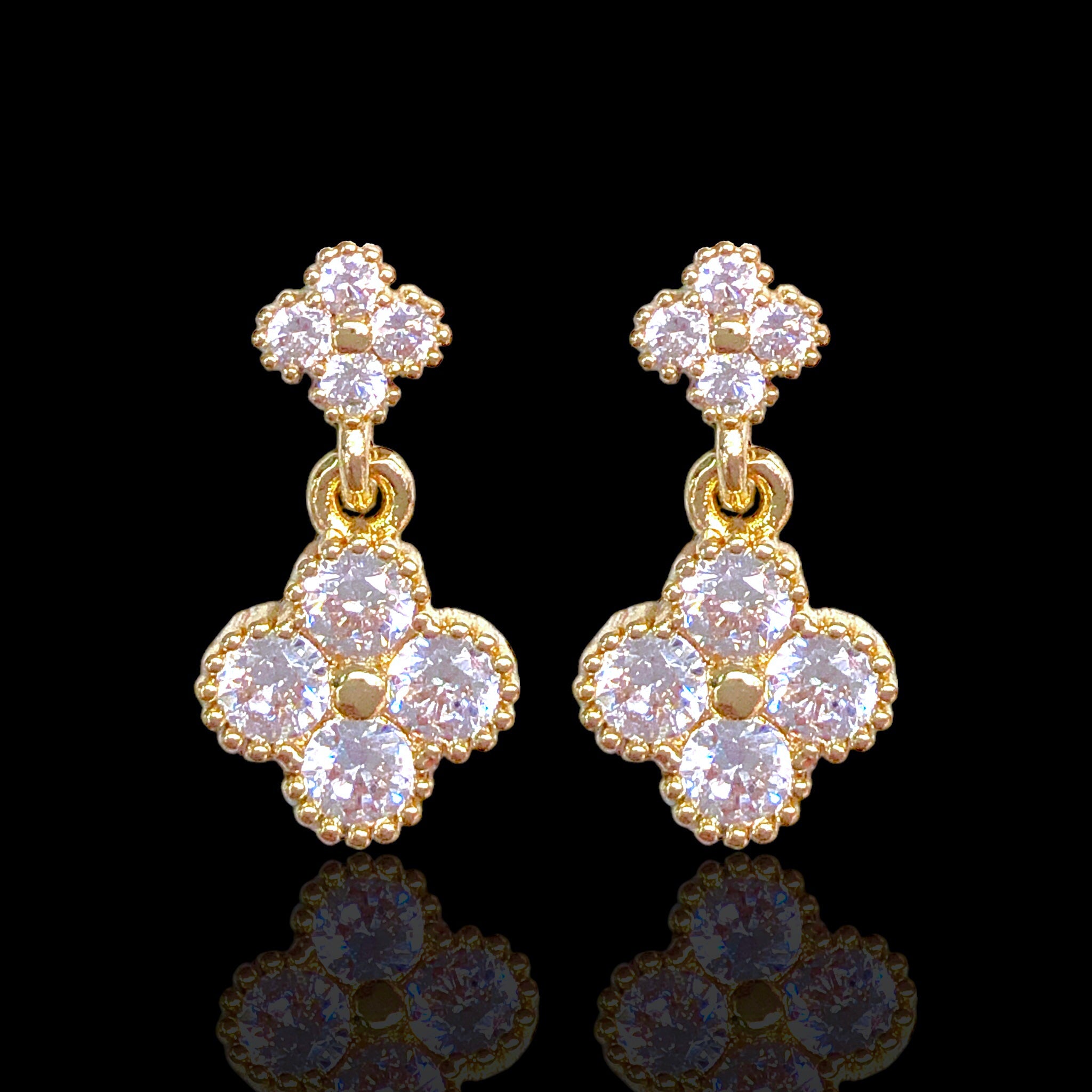 Oro Laminado Gold Filled Crystal Clover Stud Dangle Earrings
