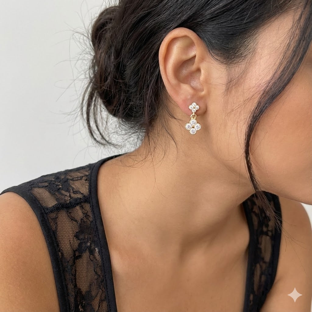 Oro Laminado Gold Filled Crystal Clover Stud Dangle Earrings