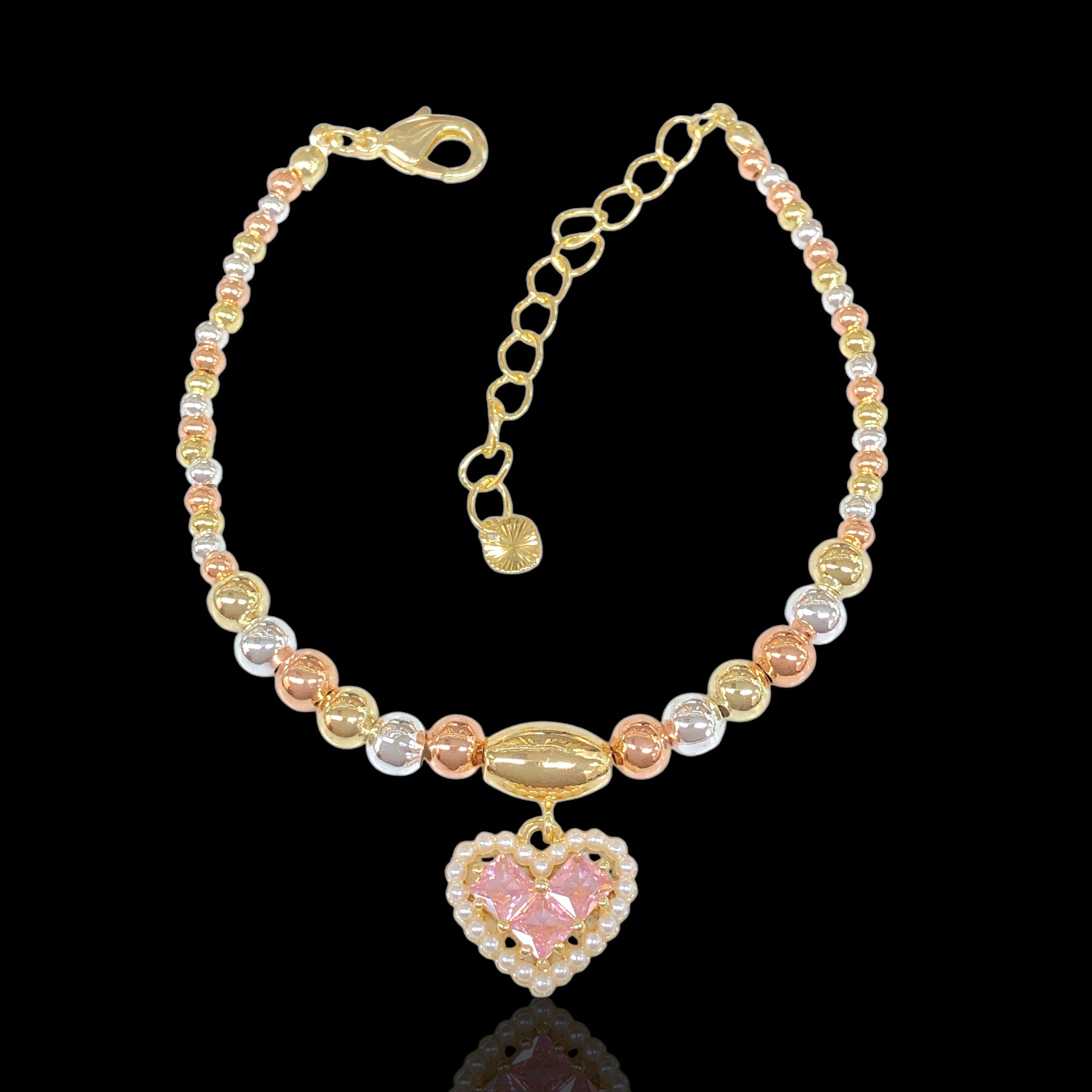 Oro Laminado Gold Filled Crystalline Heart Charms Bracelet