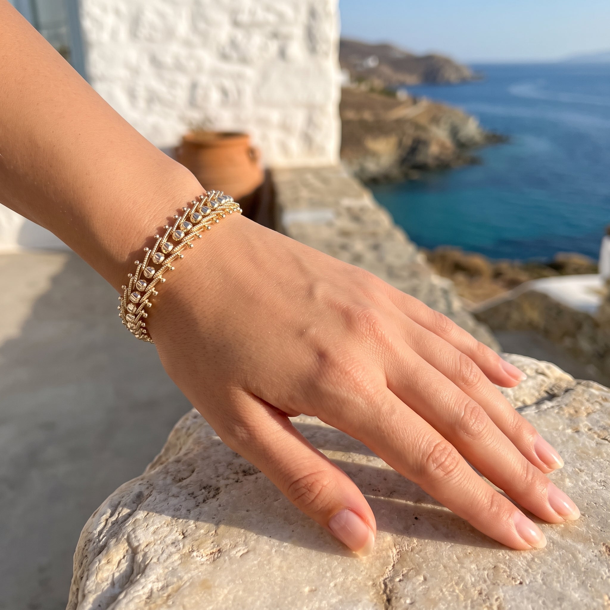 Oro Laminado Gold Filled Daimond Cut Bead Interlink Bracelet