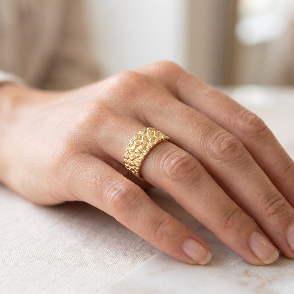 Oro Laminado Gold Filled Diamond Brushed Nugget Ring