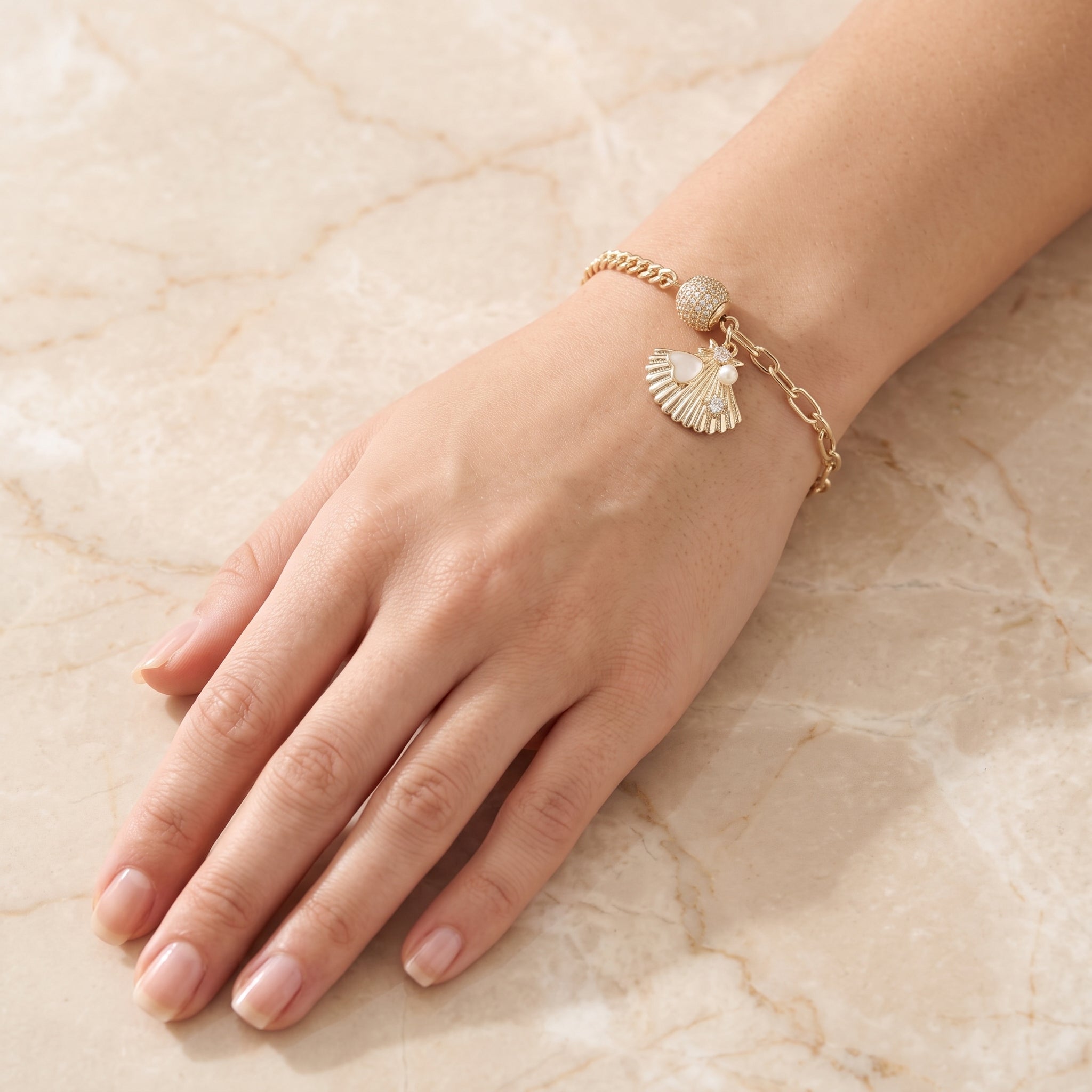 Oro Laminado Gold Filled Dual Chain Seashell CZ Bracelet