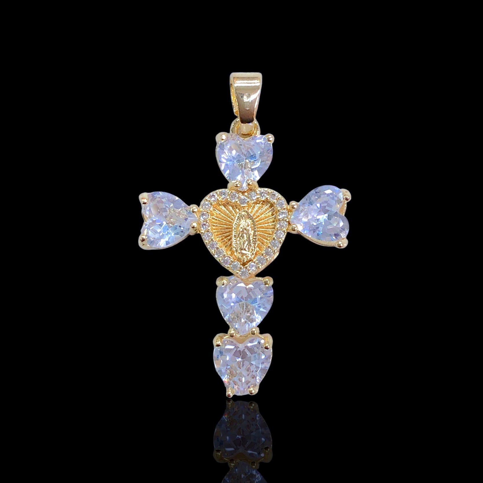 Oro Laminado Gold Filled Fancy Guadalupe Heart Cross Pendant