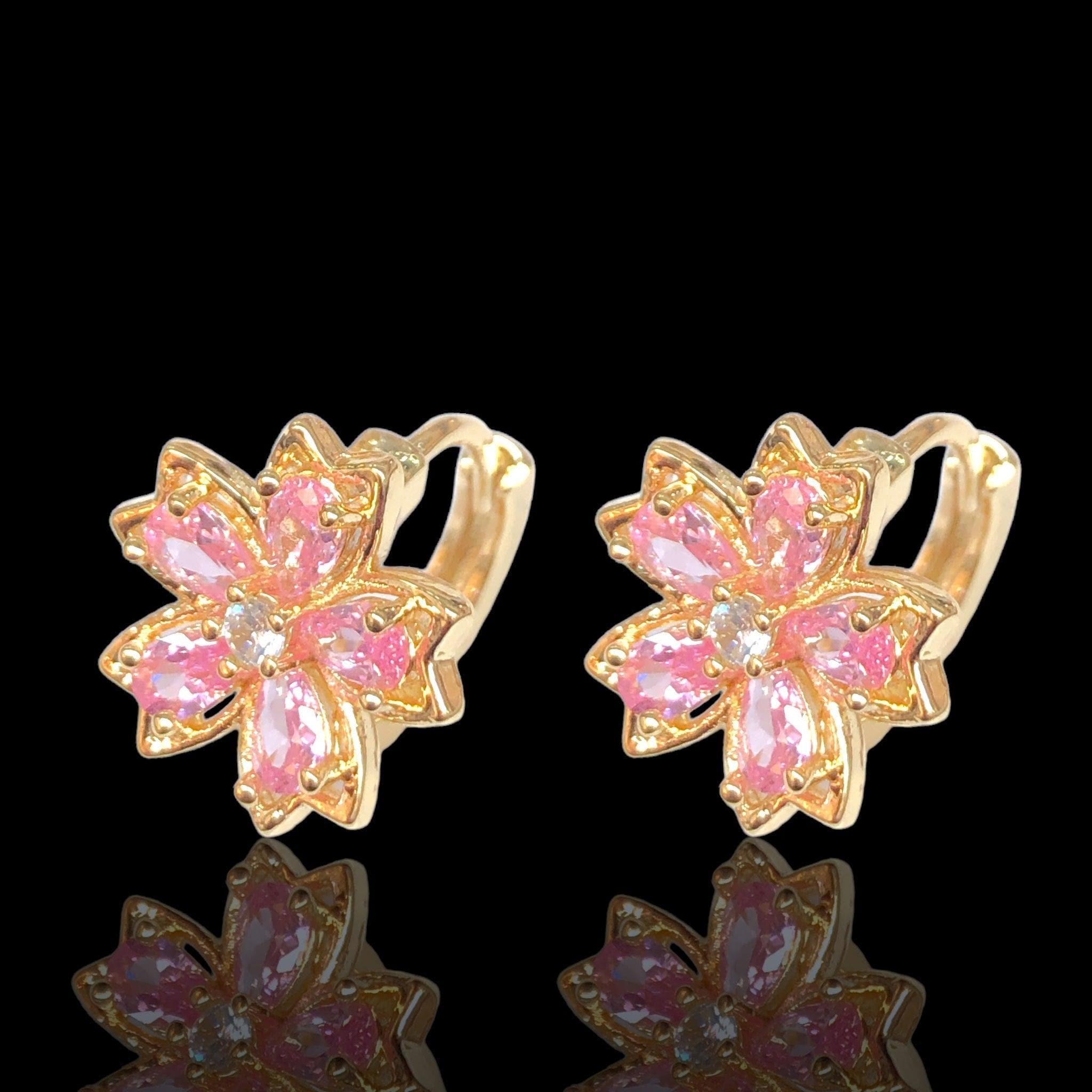 Oro Laminado Gold Filled Flower Blossom CZ Hoop Earrings
