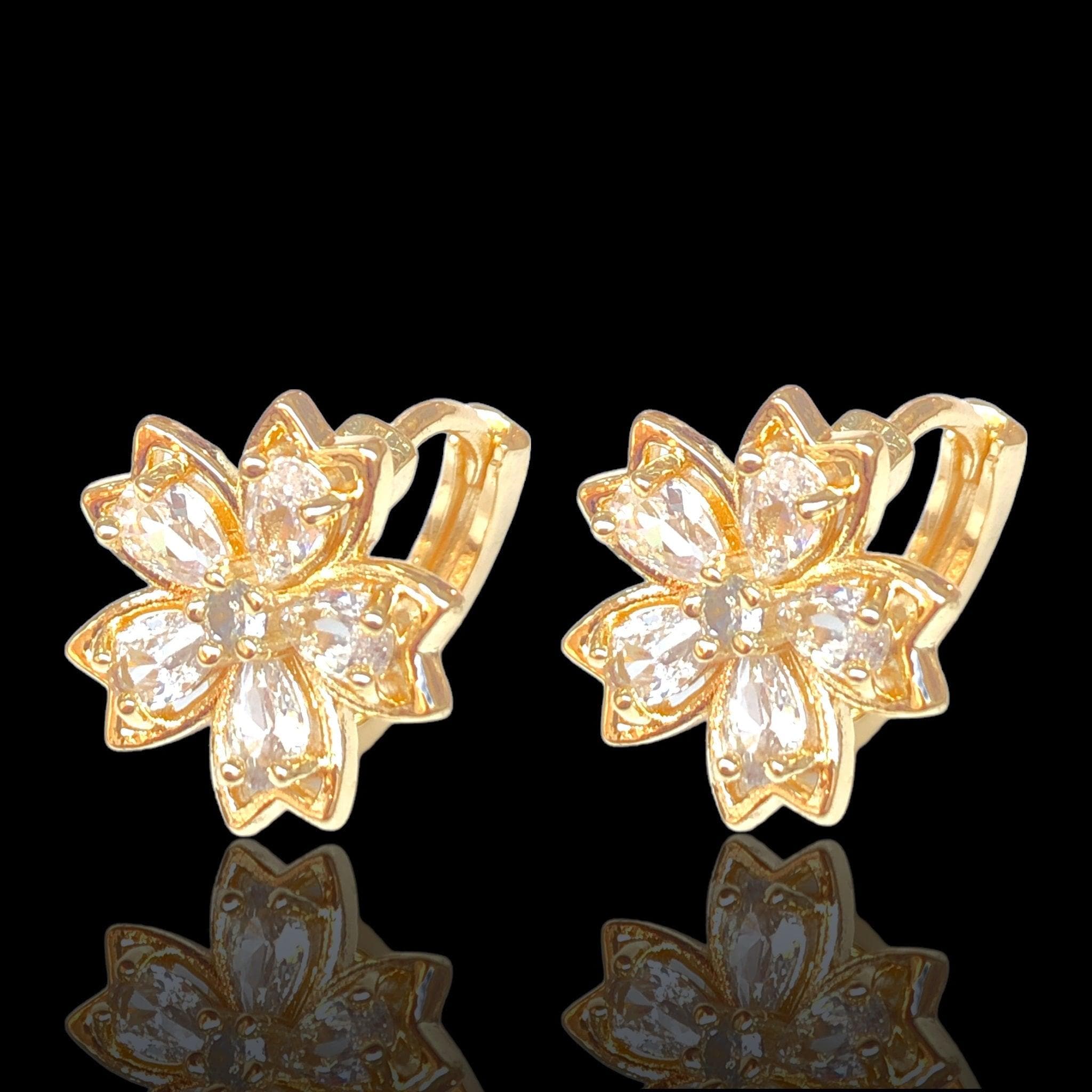 Oro Laminado Gold Filled Flower Blossom CZ Hoop Earrings