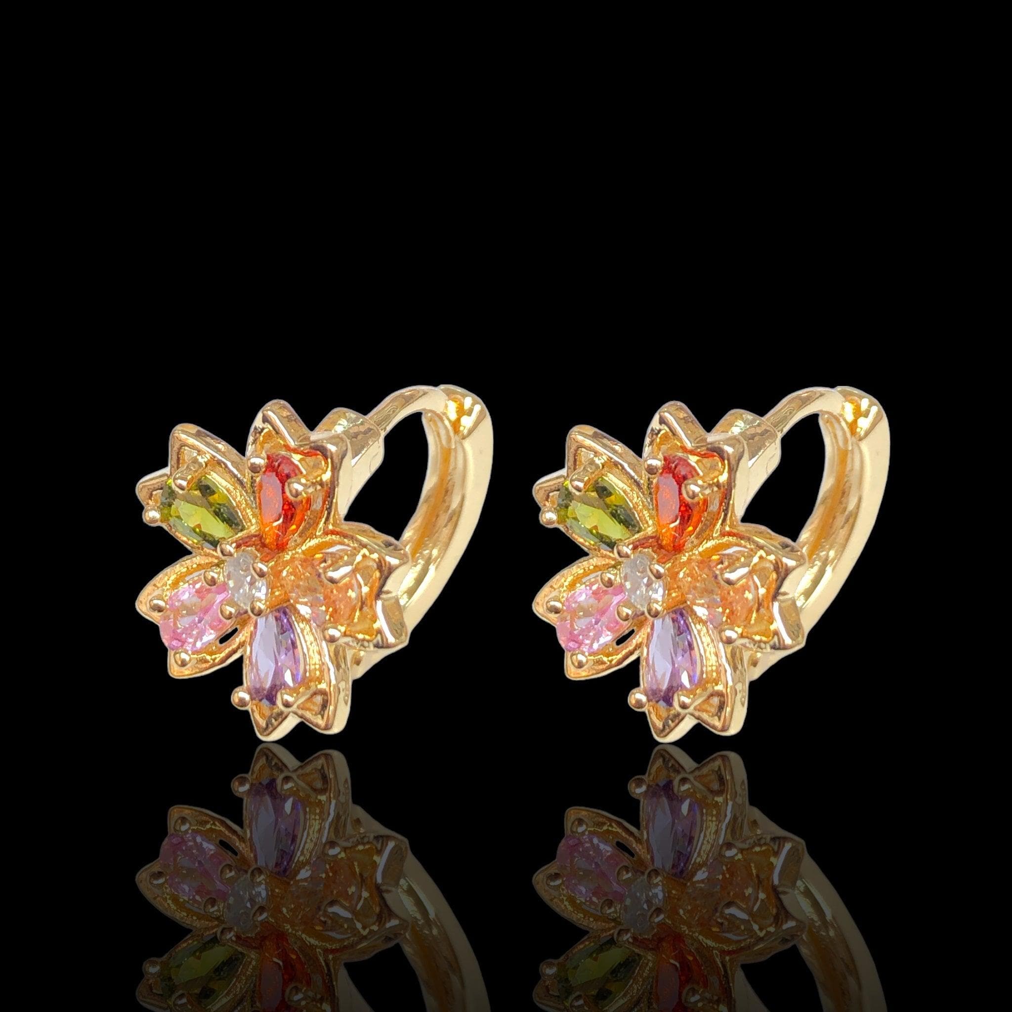Oro Laminado Gold Filled Flower Blossom CZ Hoop Earrings