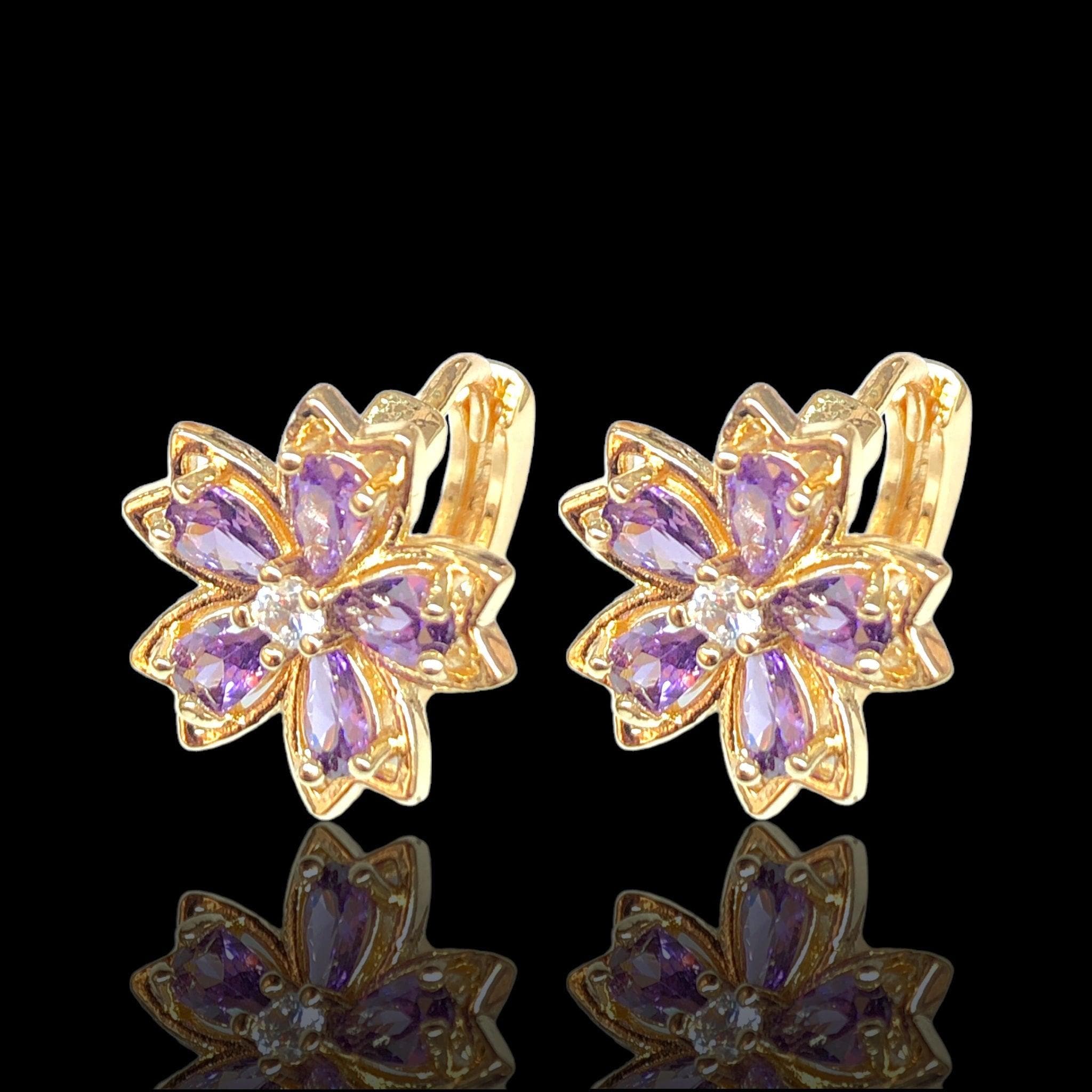 Oro Laminado Gold Filled Flower Blossom CZ Hoop Earrings