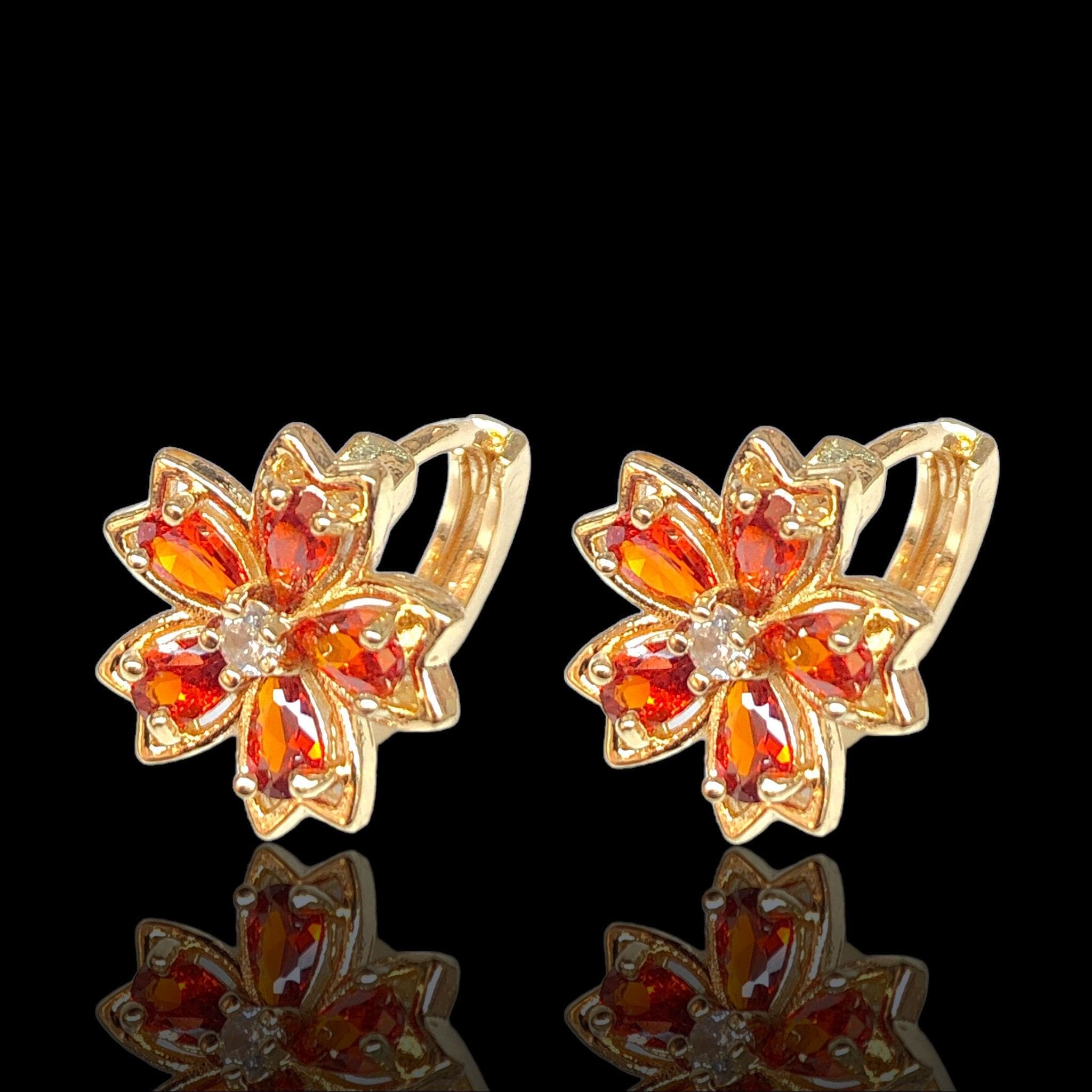 Oro Laminado Gold Filled Flower Blossom CZ Hoop Earrings