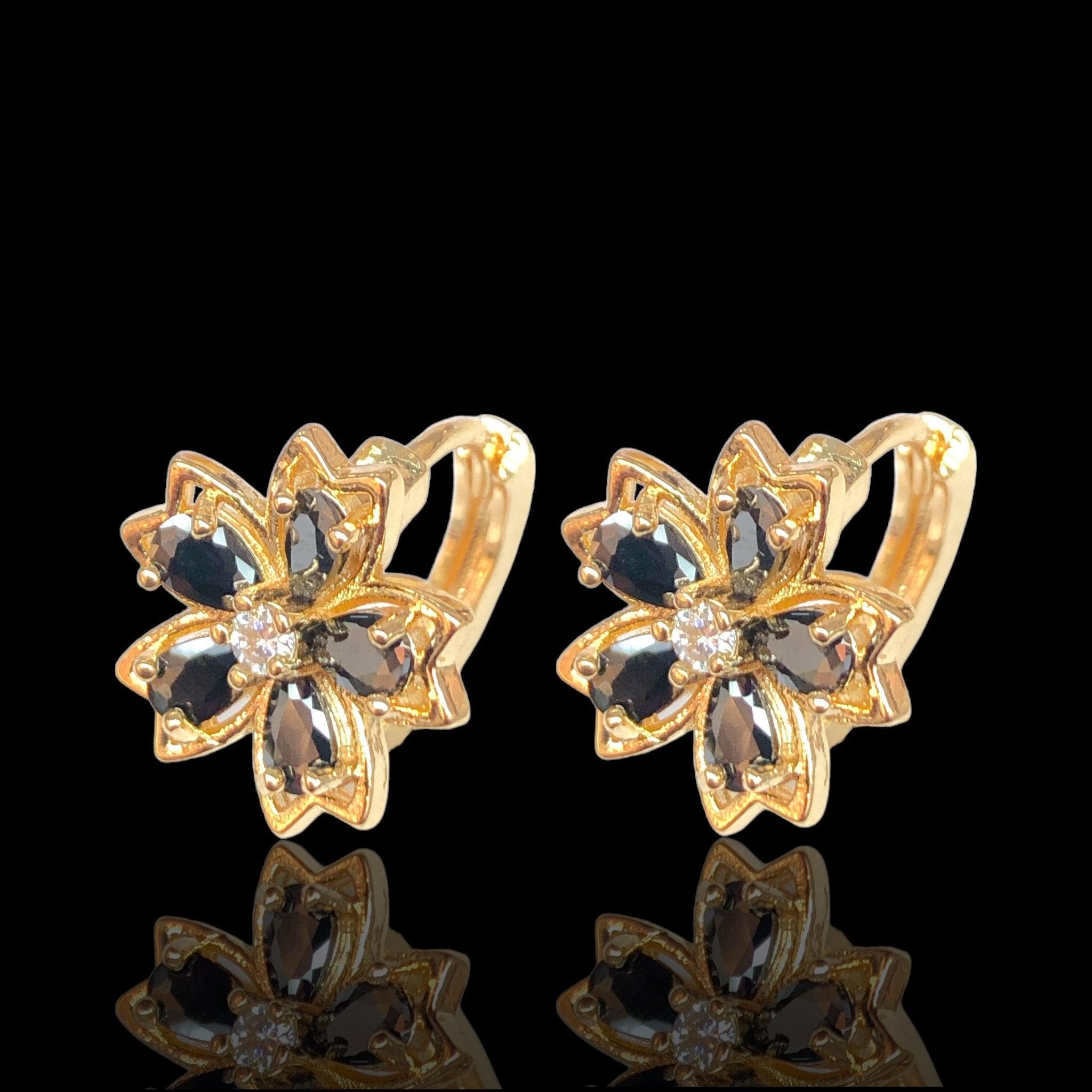 Oro Laminado Gold Filled Flower Blossom CZ Hoop Earrings