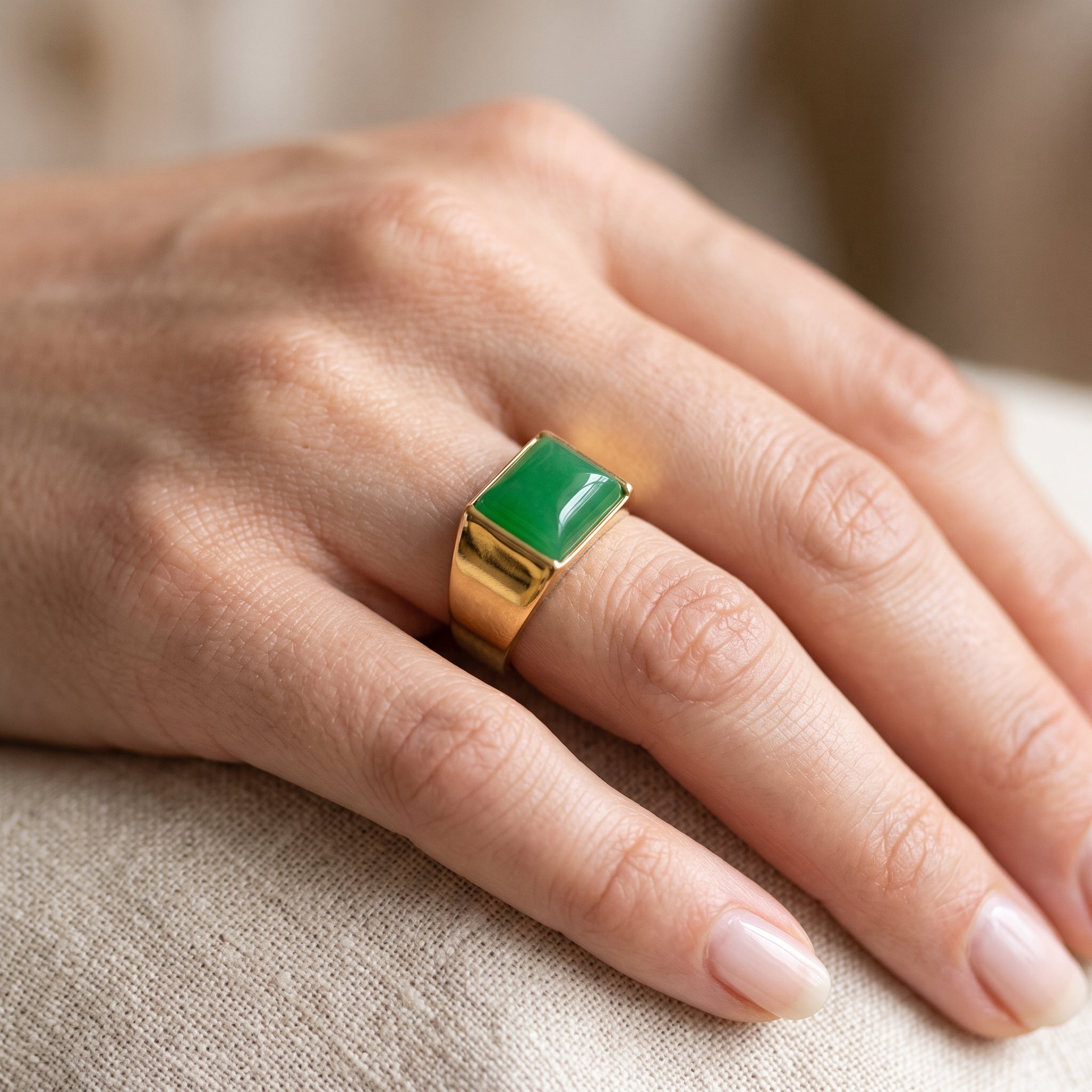 Oro Laminado Gold Filled Forest Glow Jade Ring