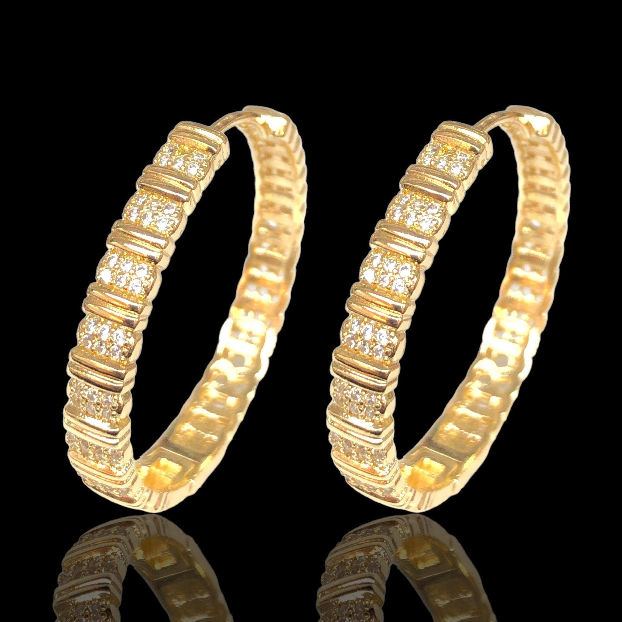 Oro Laminado Gold Filled Gilded Bar CZ Hoop Earrings