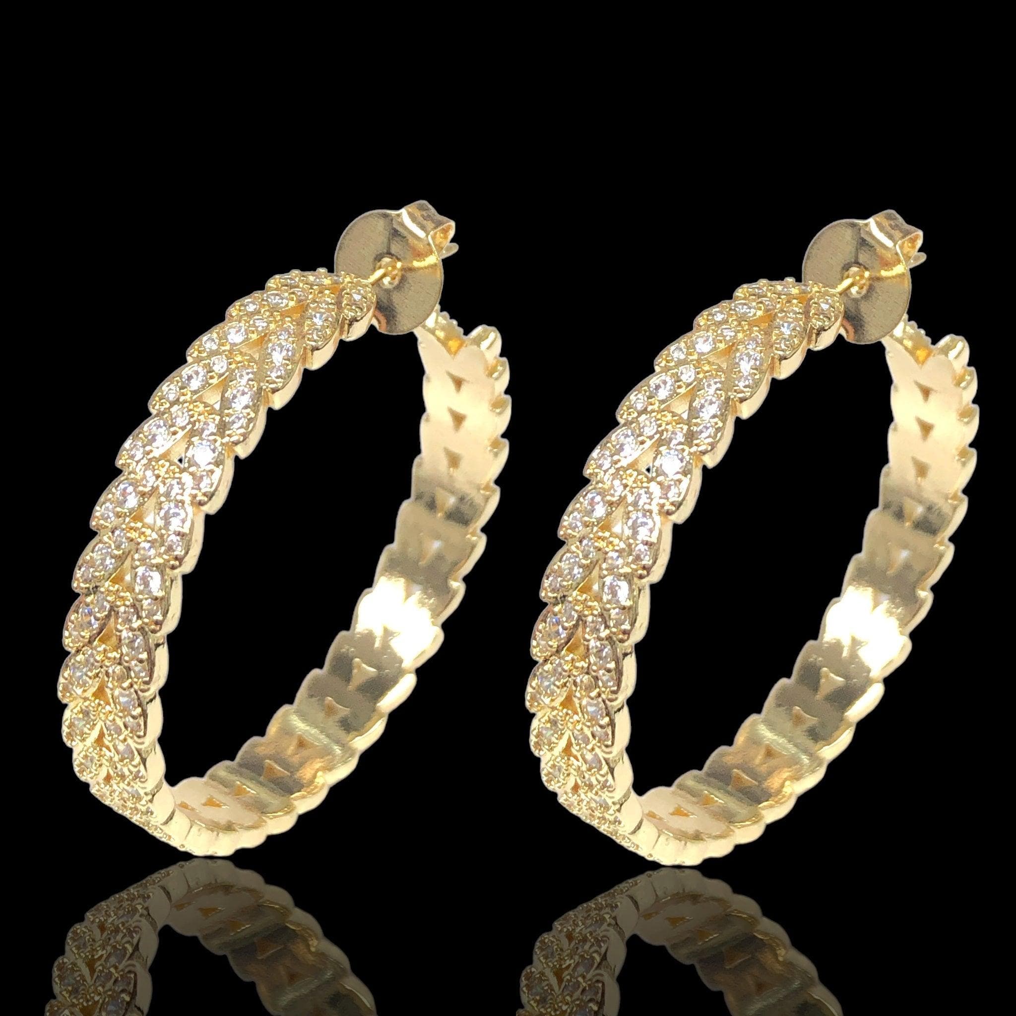 Oro Laminado Gold Filled Gilded Leaf CZ Hoop Earrings