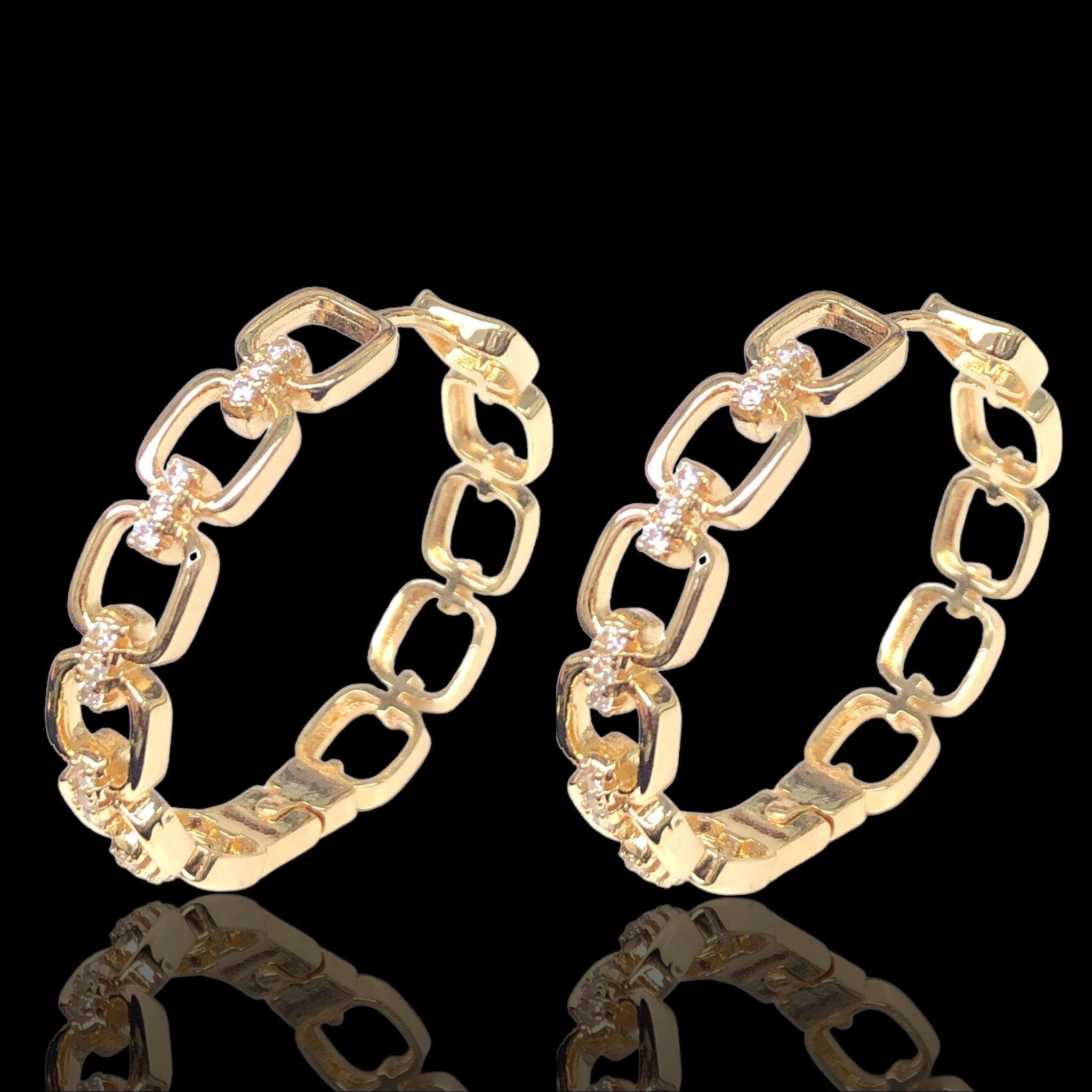 Oro Laminado Gold Filled Gilded Link CZ Hoop Earrings