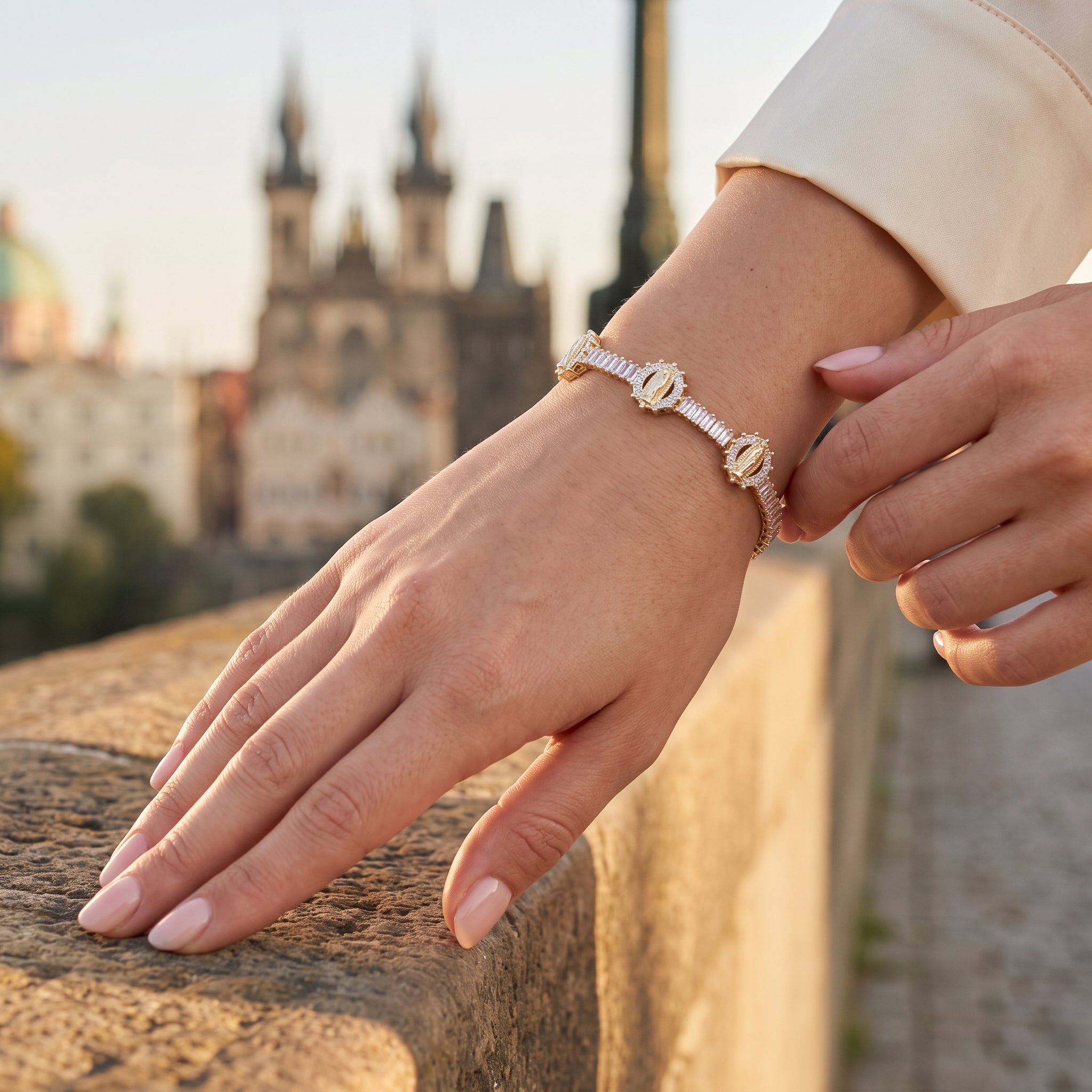 Oro Laminado Gold Filled Guadalupe Baguette Tennis CZ Bracelet