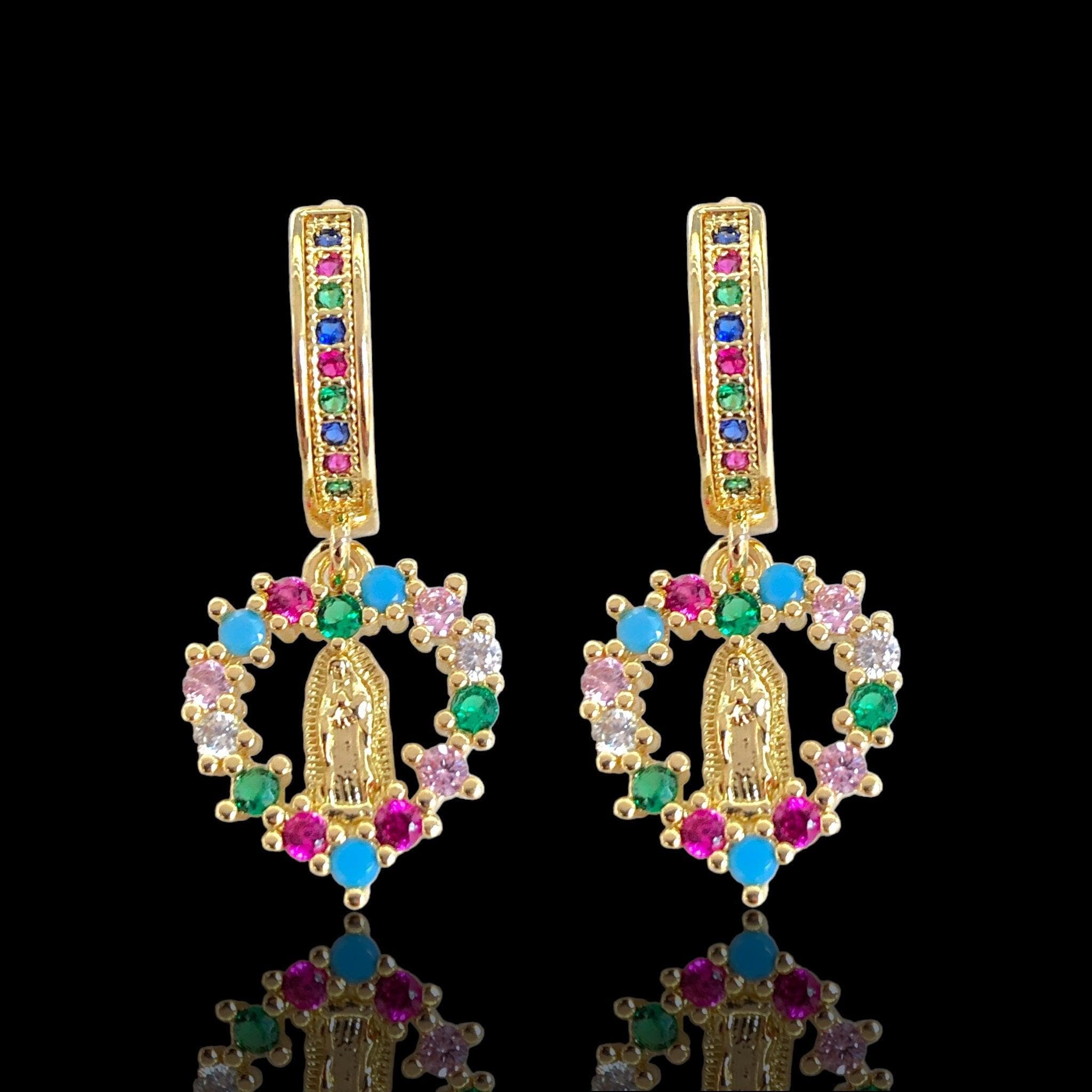 Oro Laminado Gold Filled Guadalupe Heart Dangle Earrings