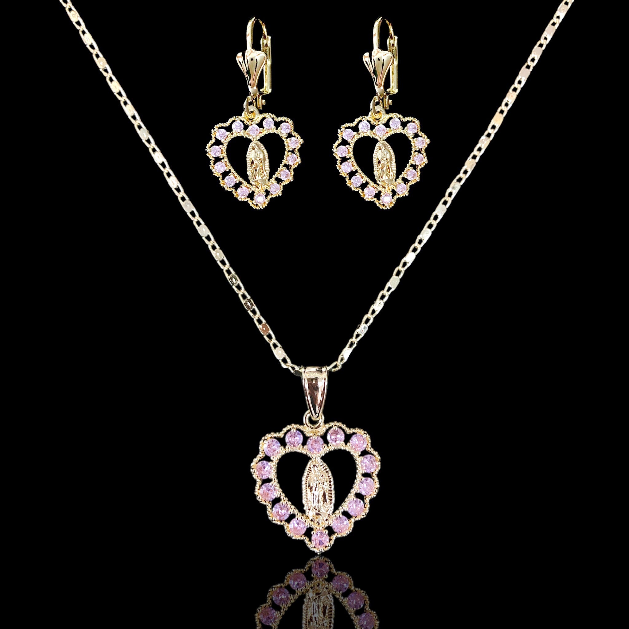 Oro Laminado Gold Filled Lady Guadalupe Zirconia Heart Set