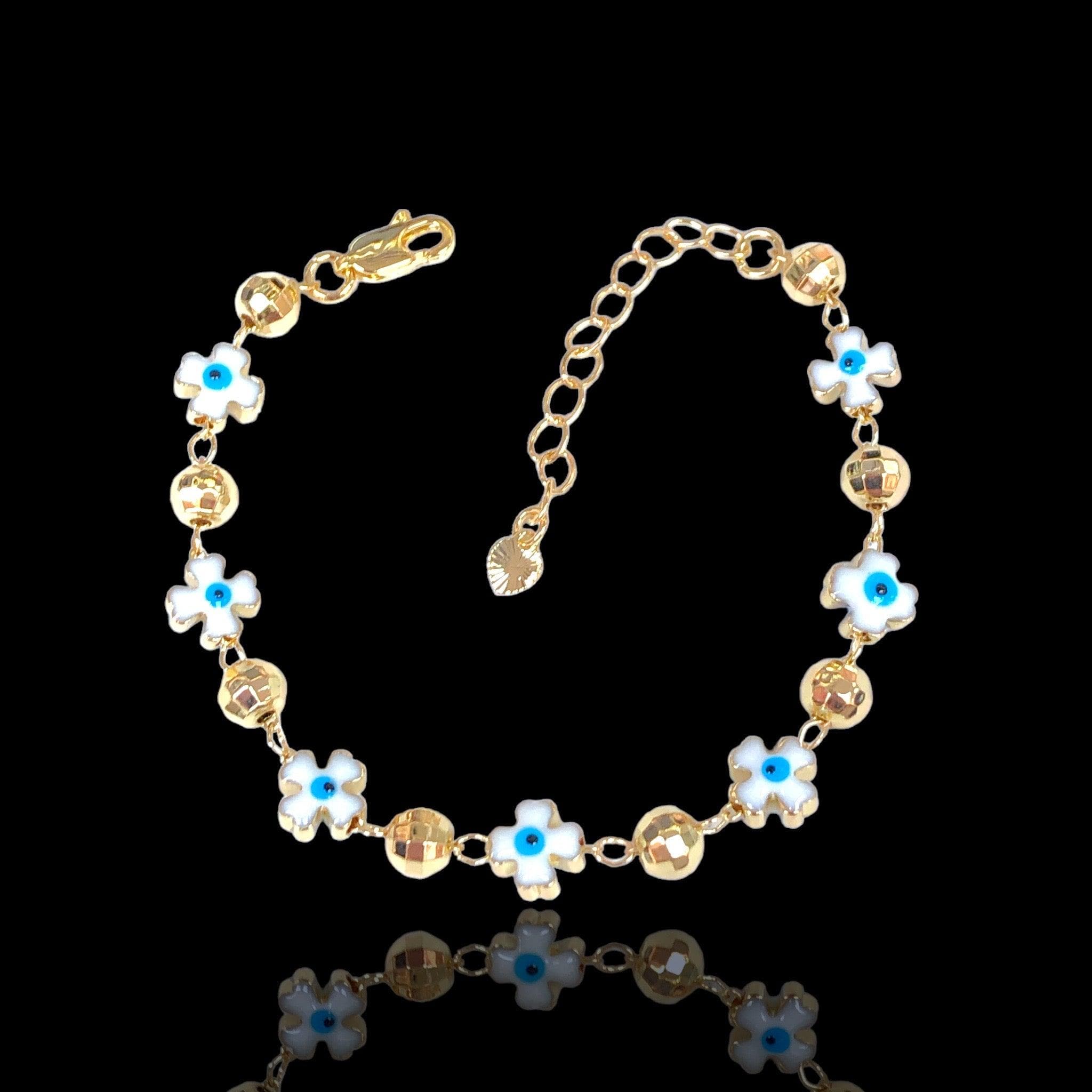 Oro Laminado Gold Filled Lucky Clover Evil Eye Bracelet