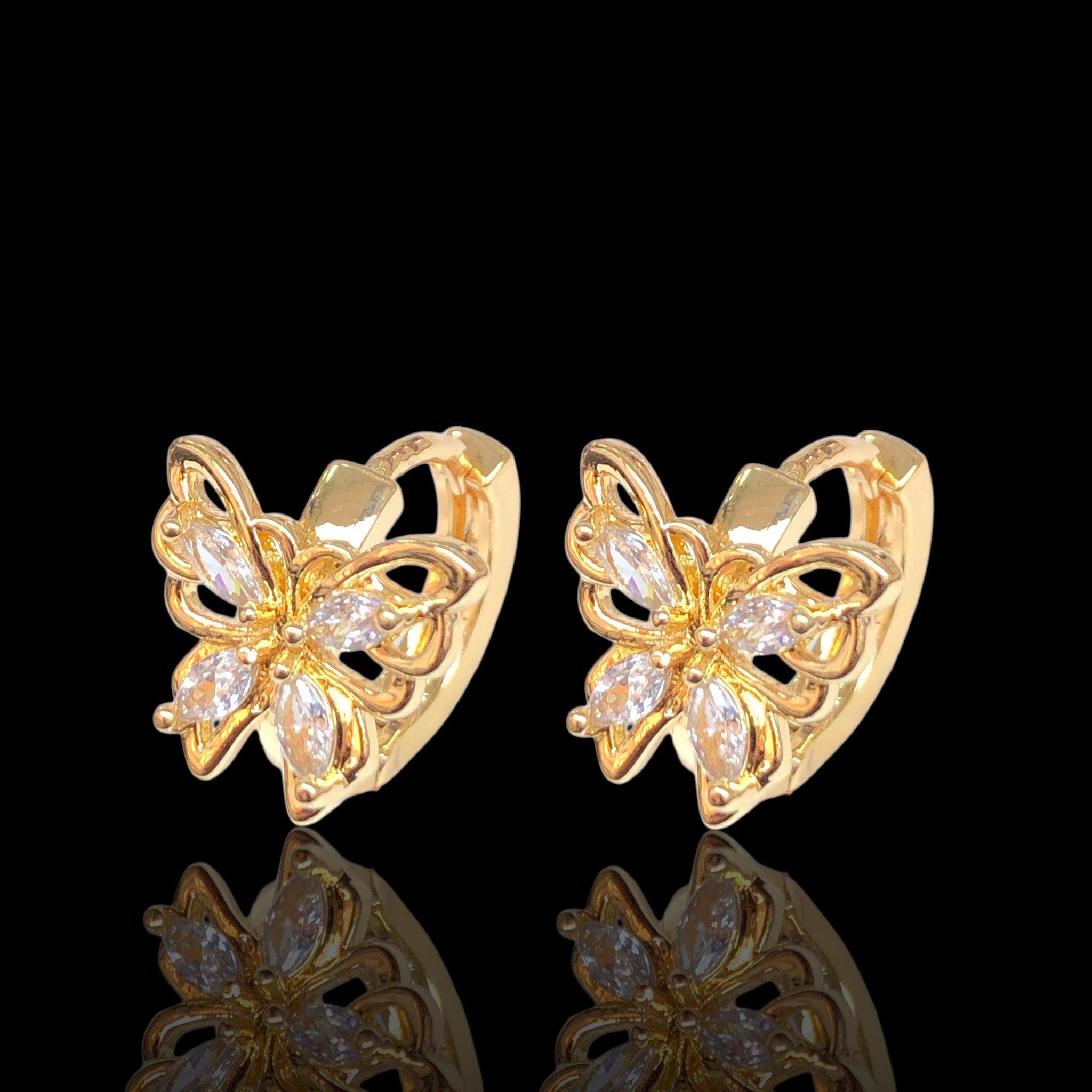 Oro Laminado Gold Filled Monarch Butterfly CZ Hoop Earrings