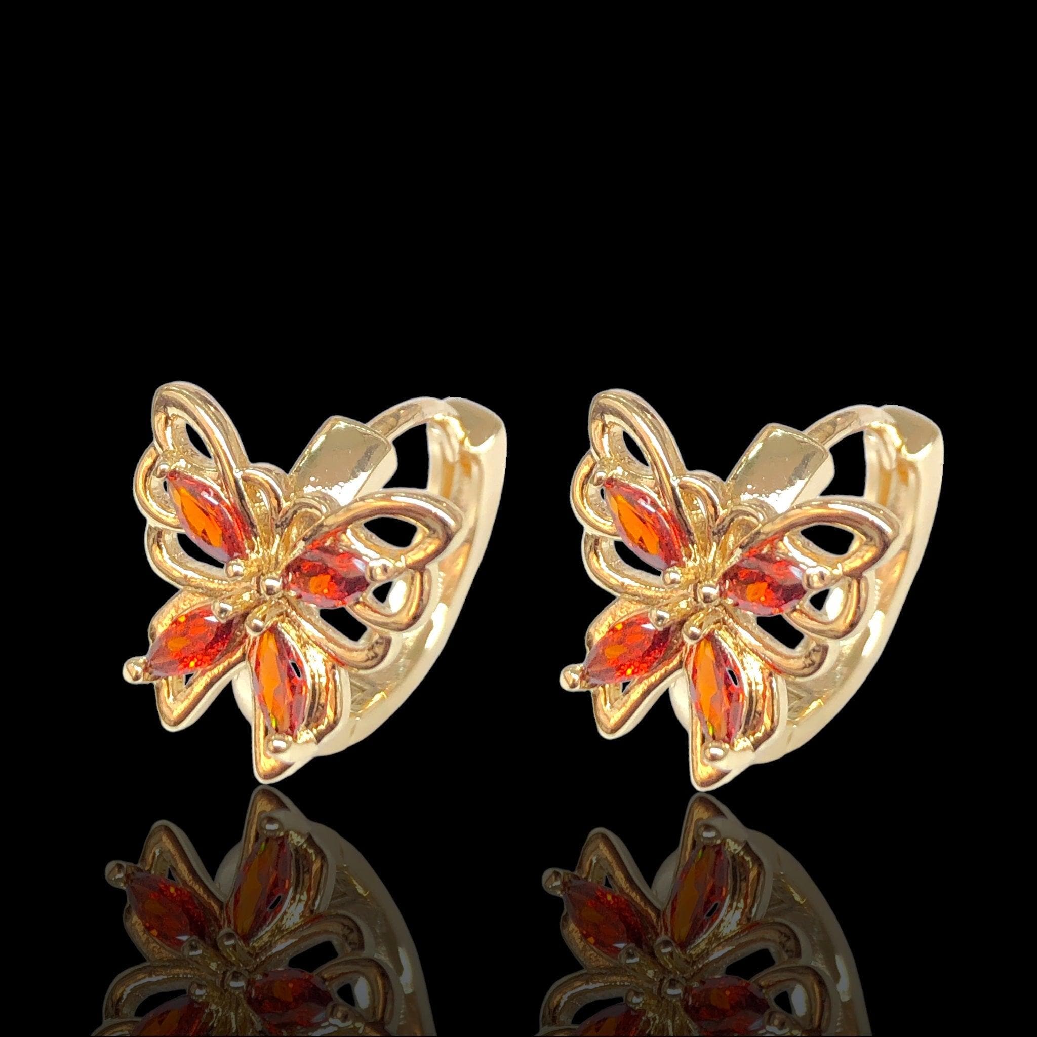 Oro Laminado Gold Filled Monarch Butterfly CZ Hoop Earrings